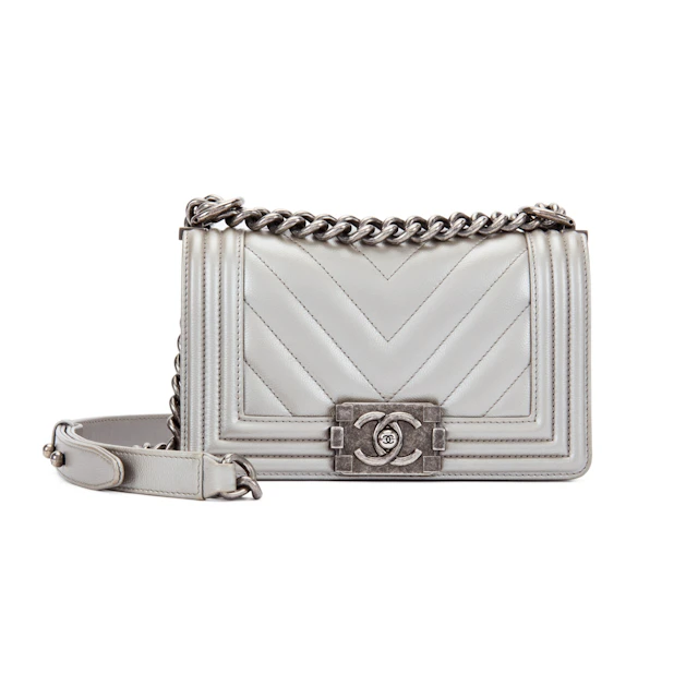 Metallic Silver Quilted Chevron Caviar Small Boy Bag Ruthenium Hardware, 2016
