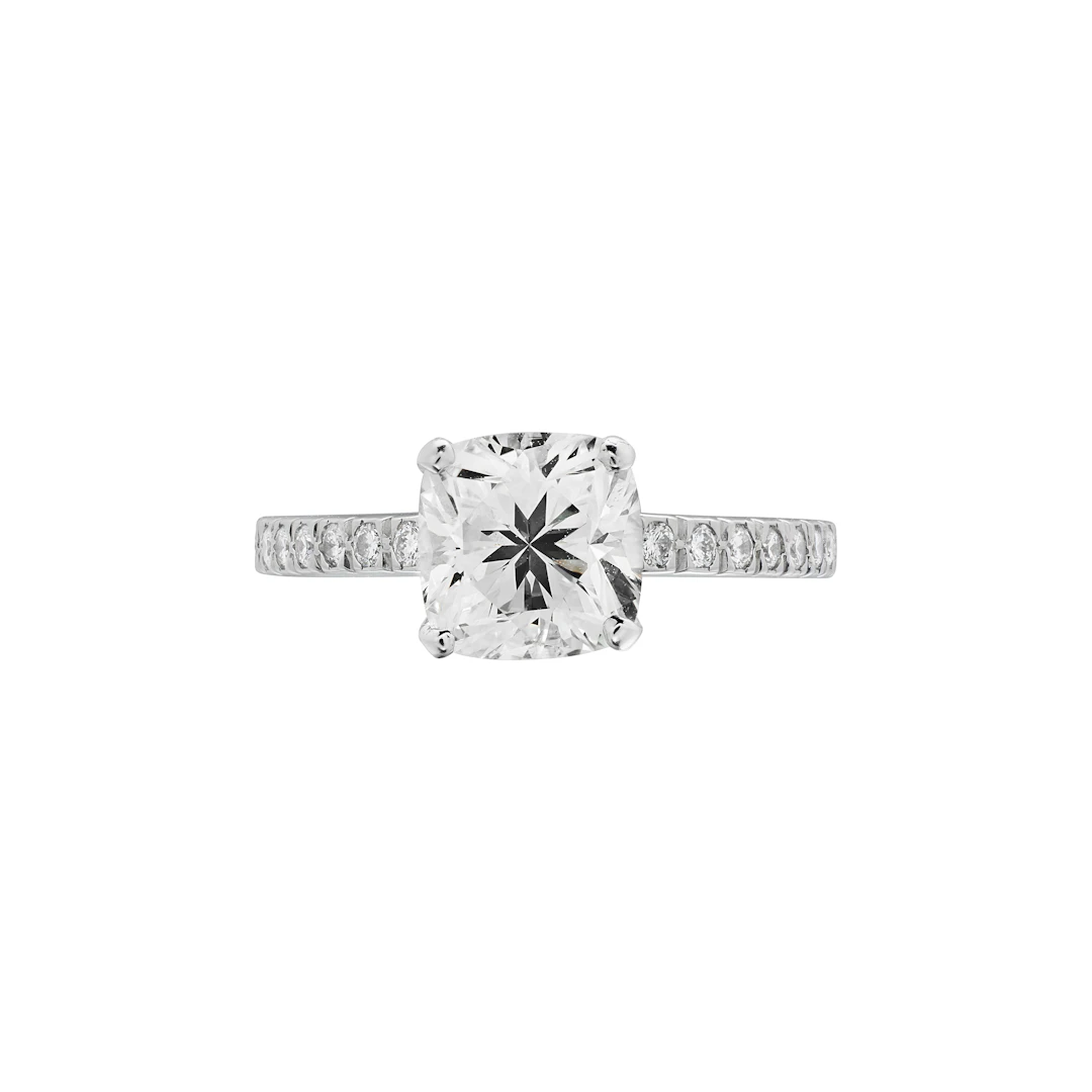 Platinum, 1.61ct Cushion Cut Diamond and Diamond Engagement Ring