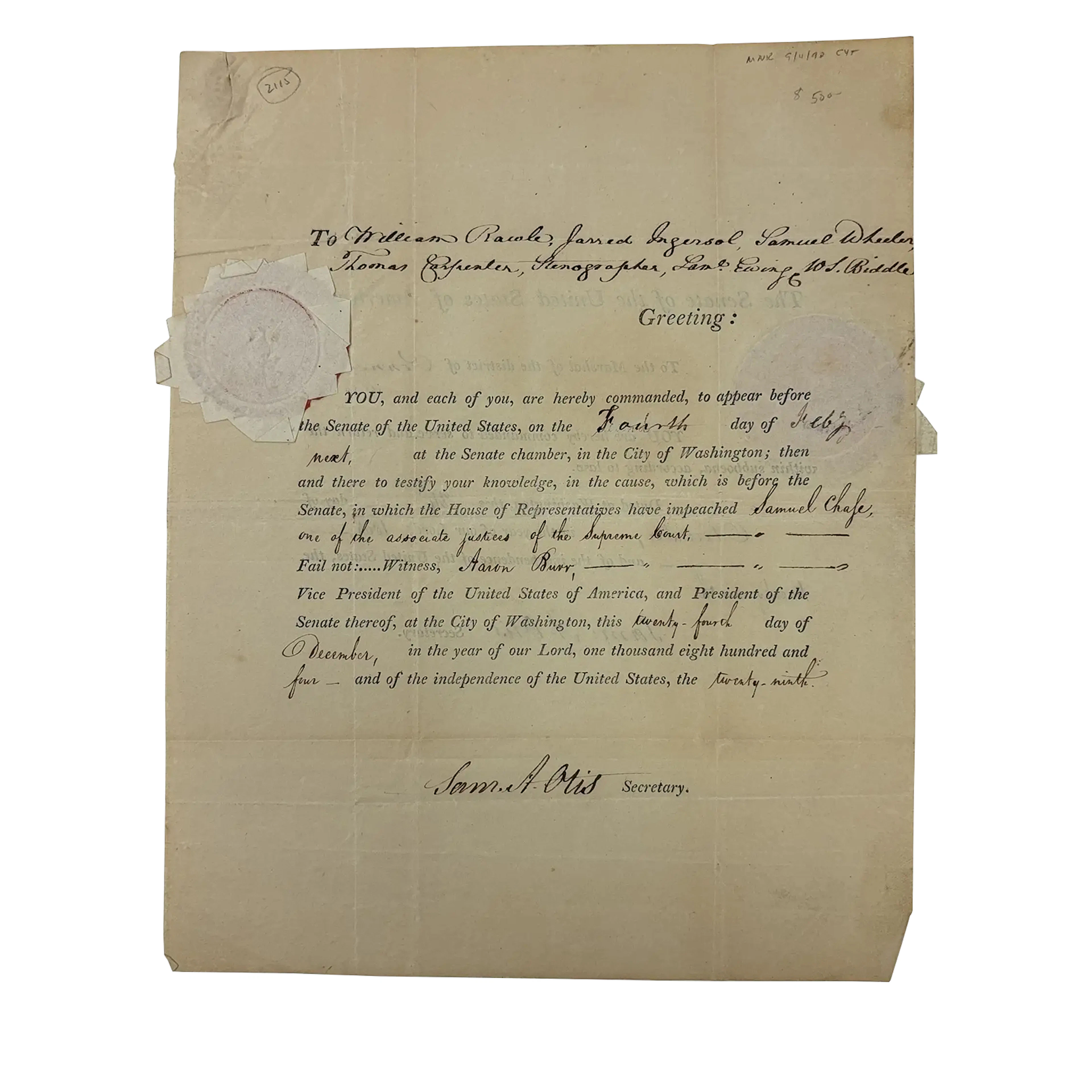 Samuel Chase | Subpoena For Impeachment | Twice Signed by Samuel Otis