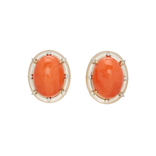 Gold, Coral, Mother of Pearl, and Diamond Earclips