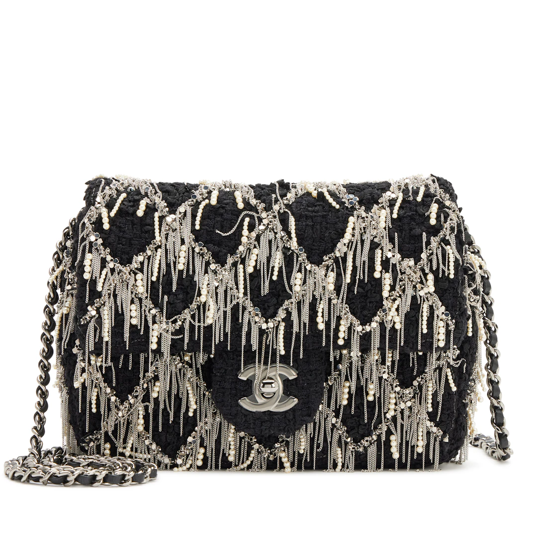 Black Quilted Imitation Pearl Silver Fringe Quilted Tweed Mini Flap