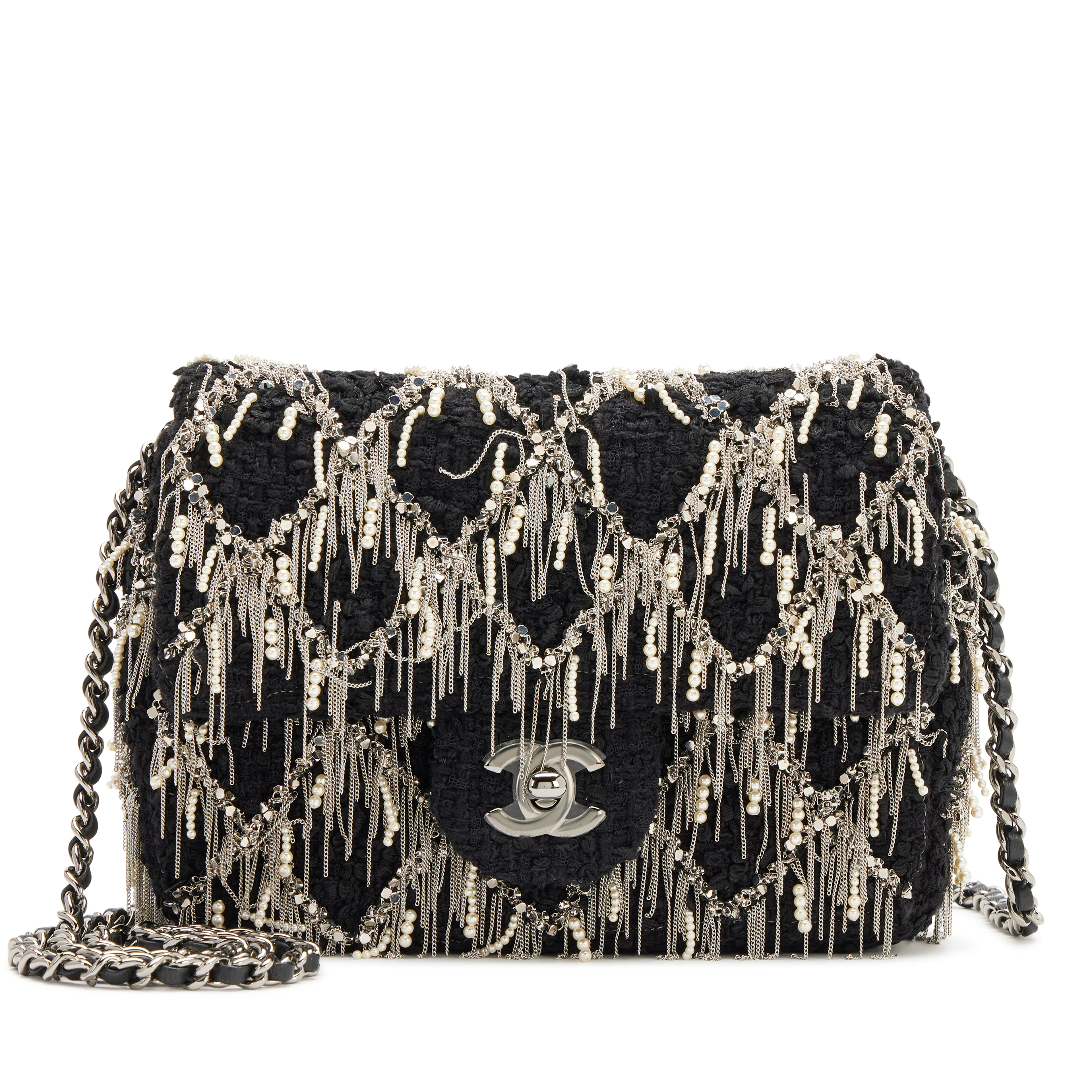 Black Quilted Imitation Pearl Silver Fringe Quilted Tweed Mini Flap