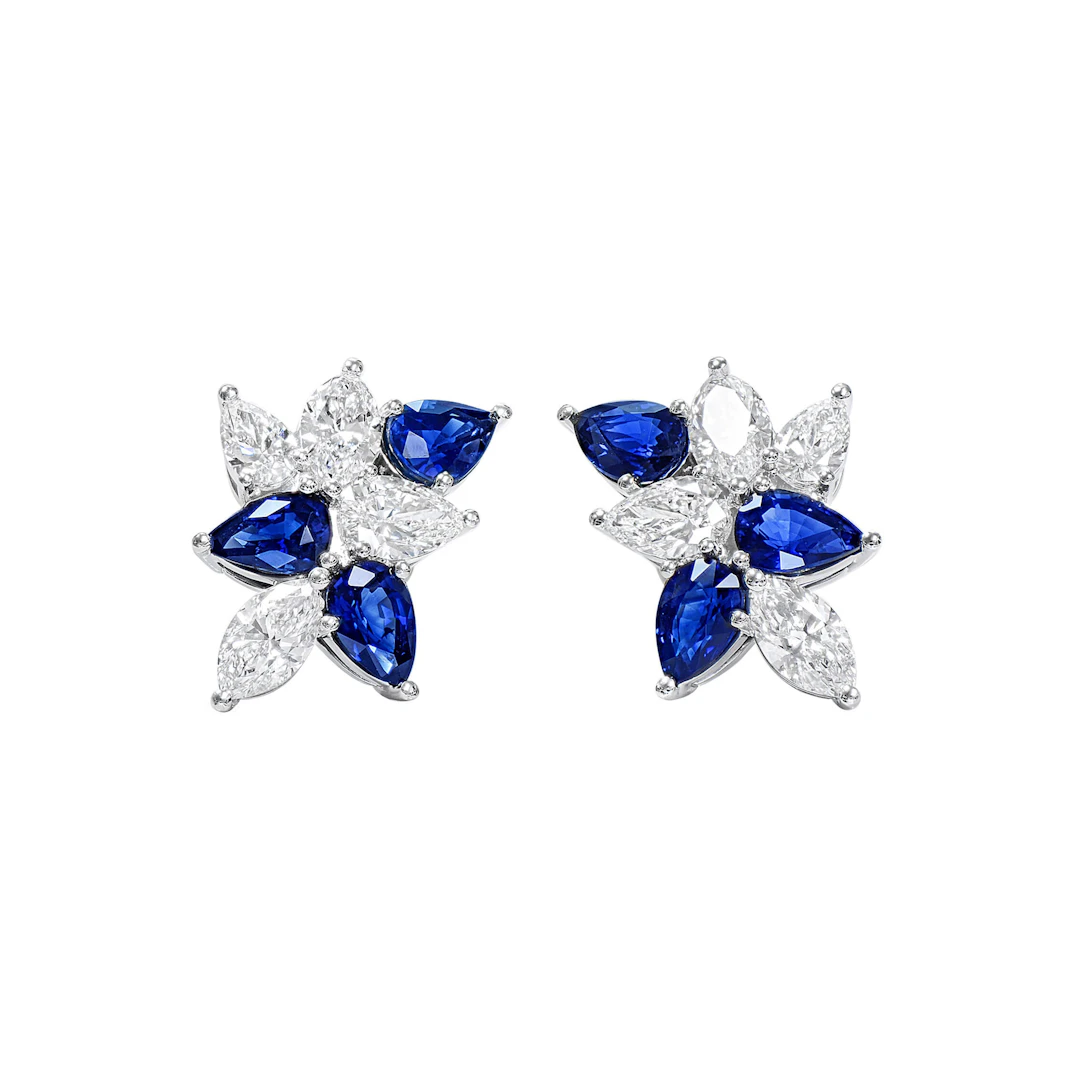 White Gold, Sapphire and Diamond Cluster Earrings
