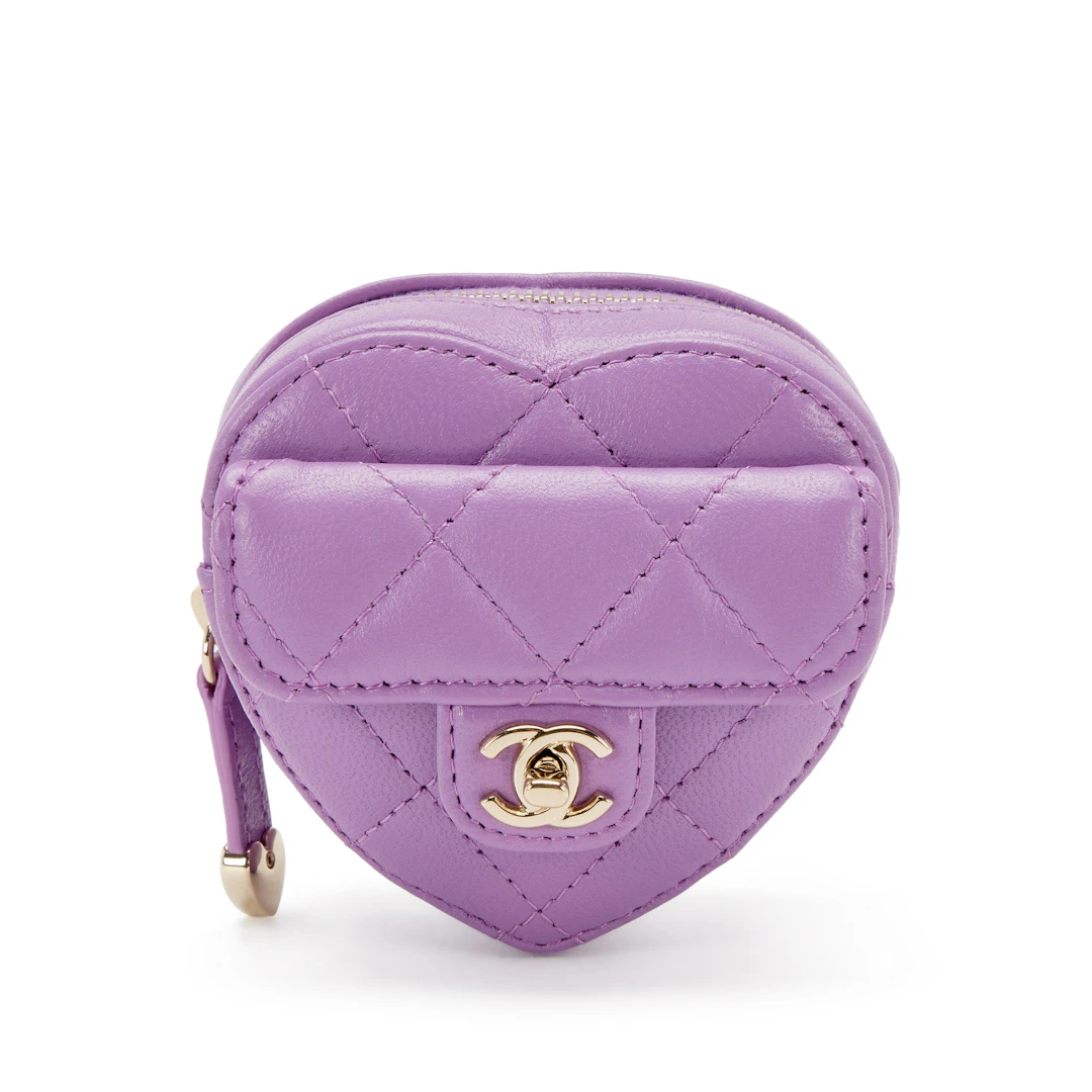 Purple Quilted Lambskin Heart Zipped Arm Coin Purse Gold Hardware, 2022