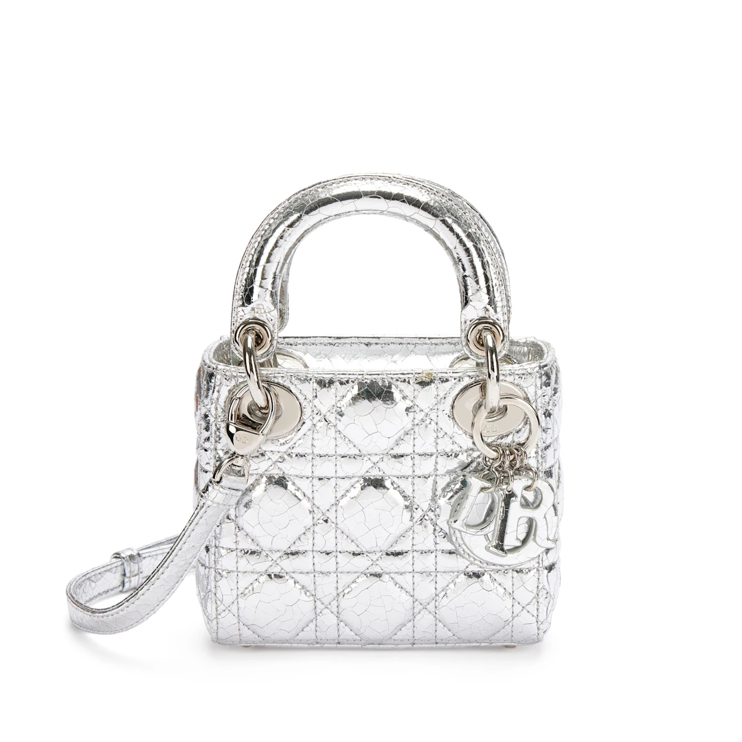 Silver Crinkled Calfskin Micro Lady Dior Silver Hardware