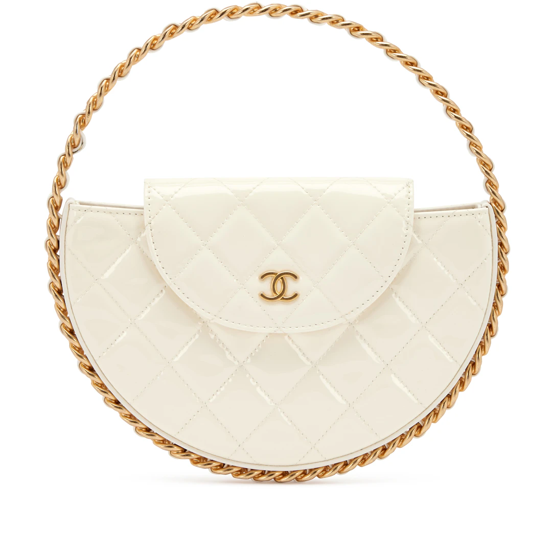 White Quilted Patent Leather Chain Around Hoop Bag Aged Gold Hardware, 2023