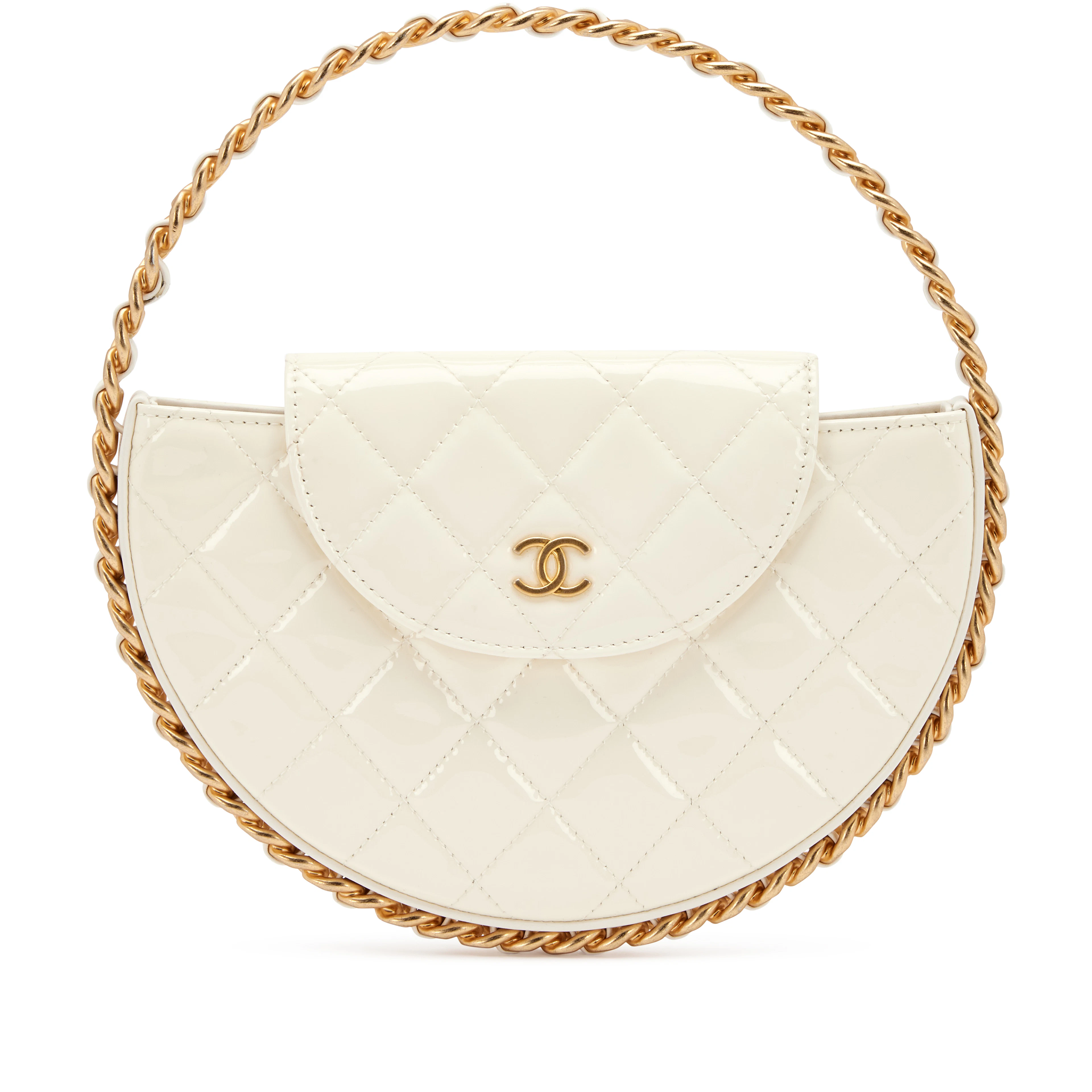 White Quilted Patent Leather Chain Around Hoop Bag Aged Gold Hardware, 2023