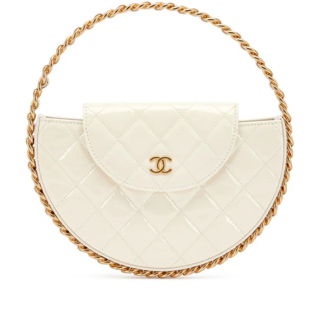 White Quilted Patent Leather Chain Around Hoop Bag Aged Gold Hardware, 2023