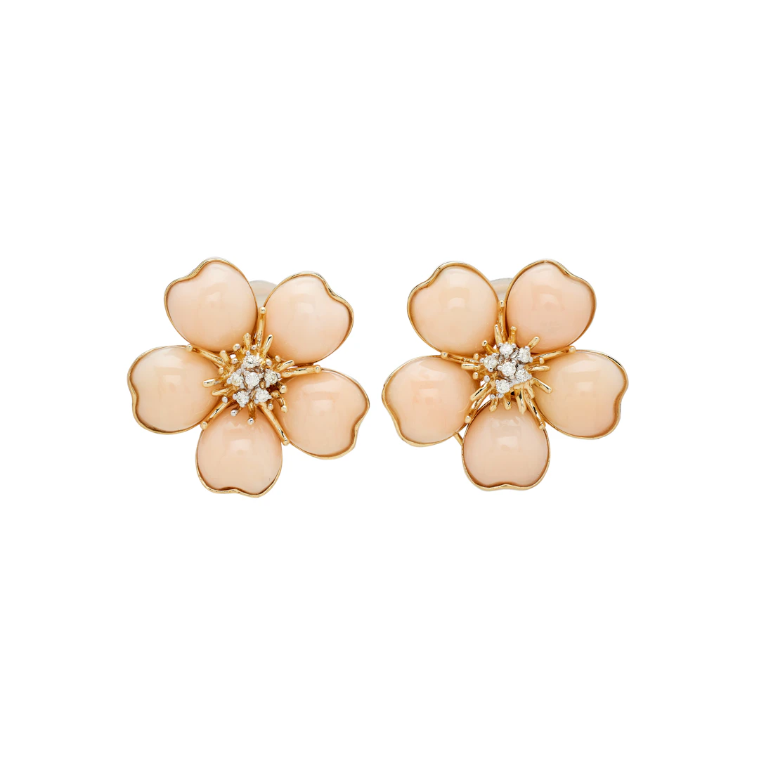 Gold, Coral and Diamond Floral Earclips