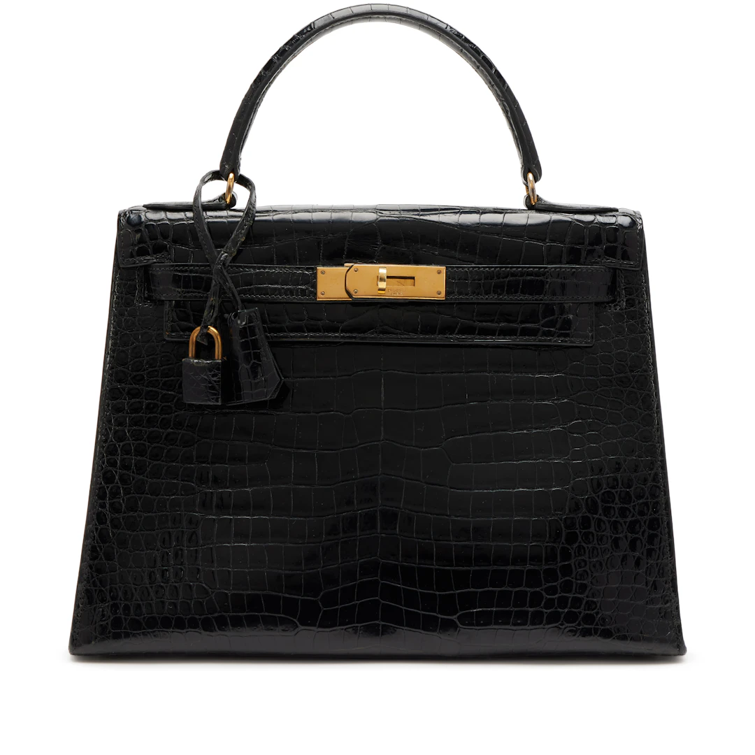 Vintage Black Shiny Crocodile Kelly 28 Gold Hardware, 1975