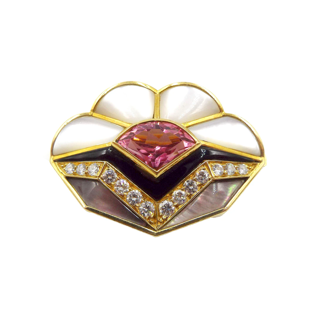 Gold, Pink Tourmaline, Mother of Pearl, Black Lacquer and Diamond Brooch