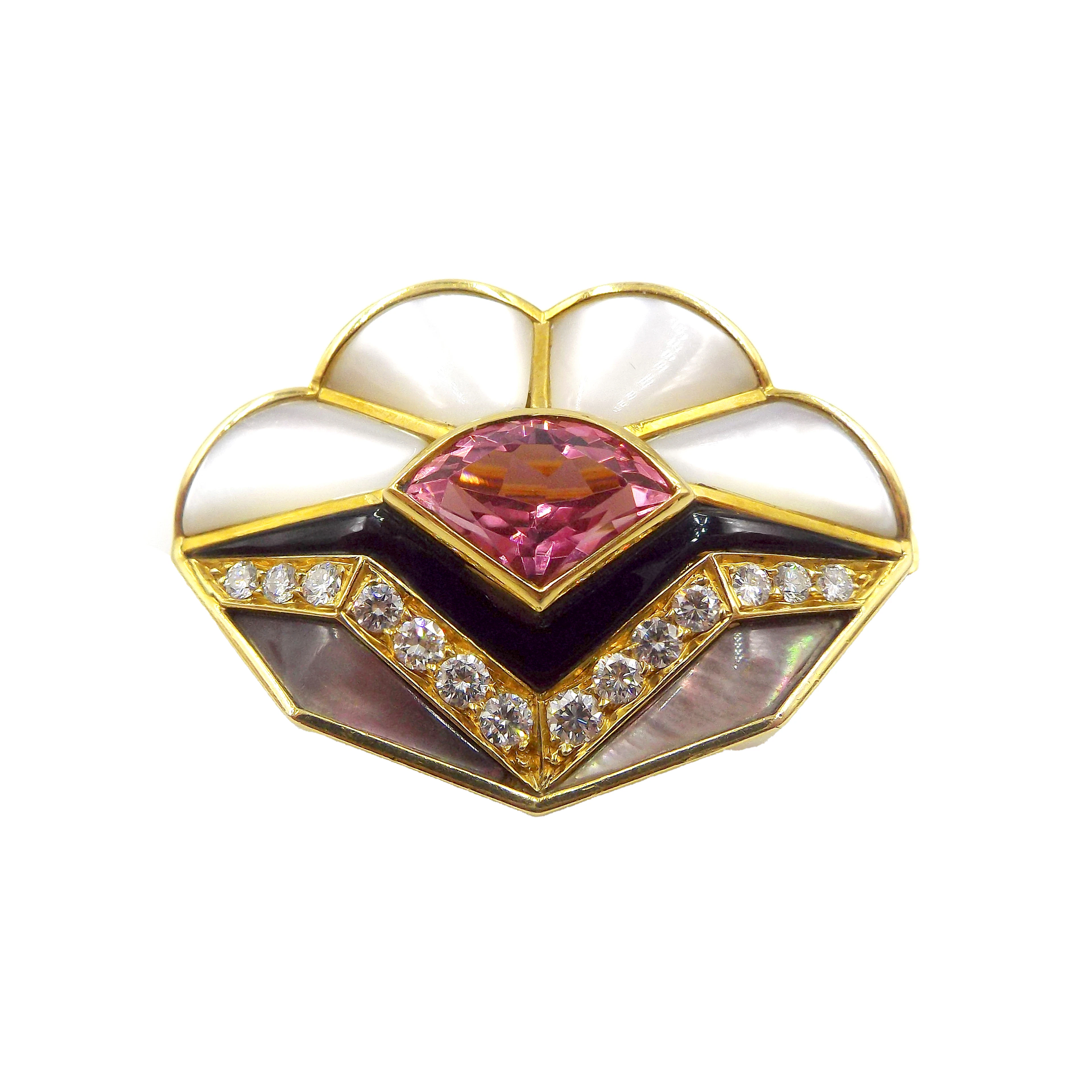 Gold, Pink Tourmaline, Mother of Pearl, Black Lacquer and Diamond Brooch