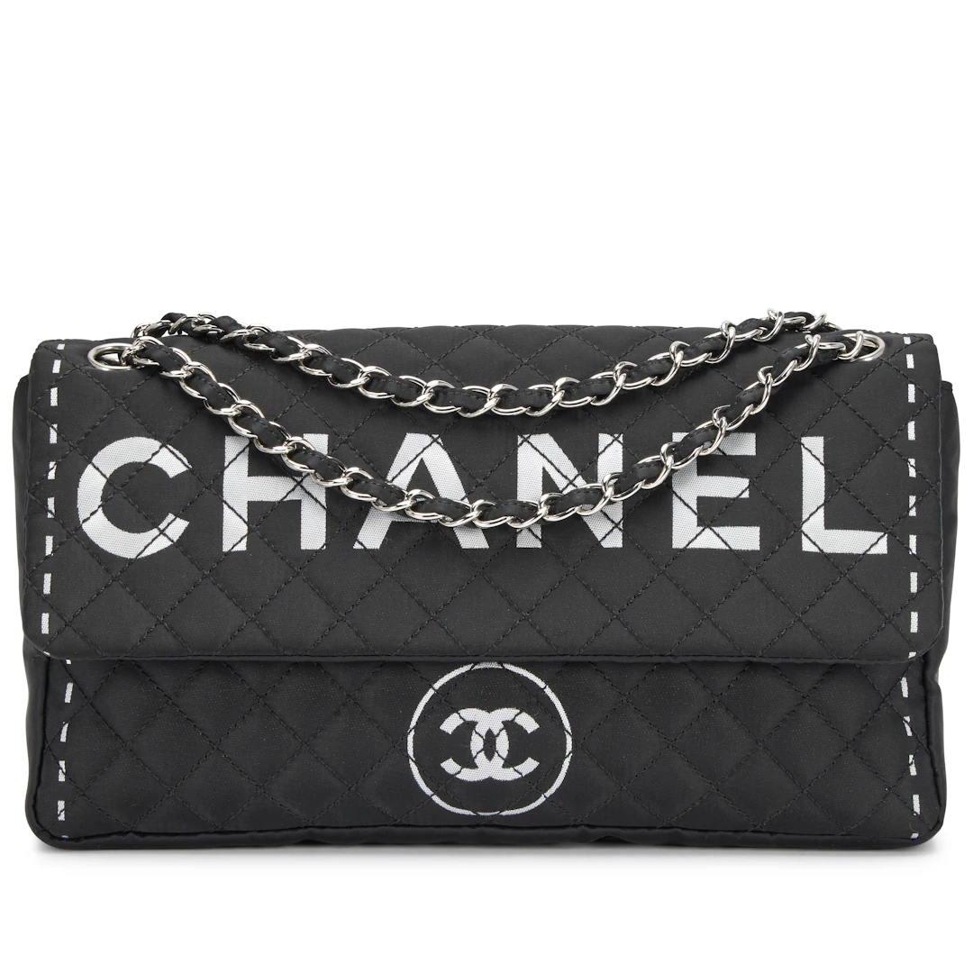 Black Quilted Nylon Letter Logo Printed Flap Bag Silver Hardware, 2008