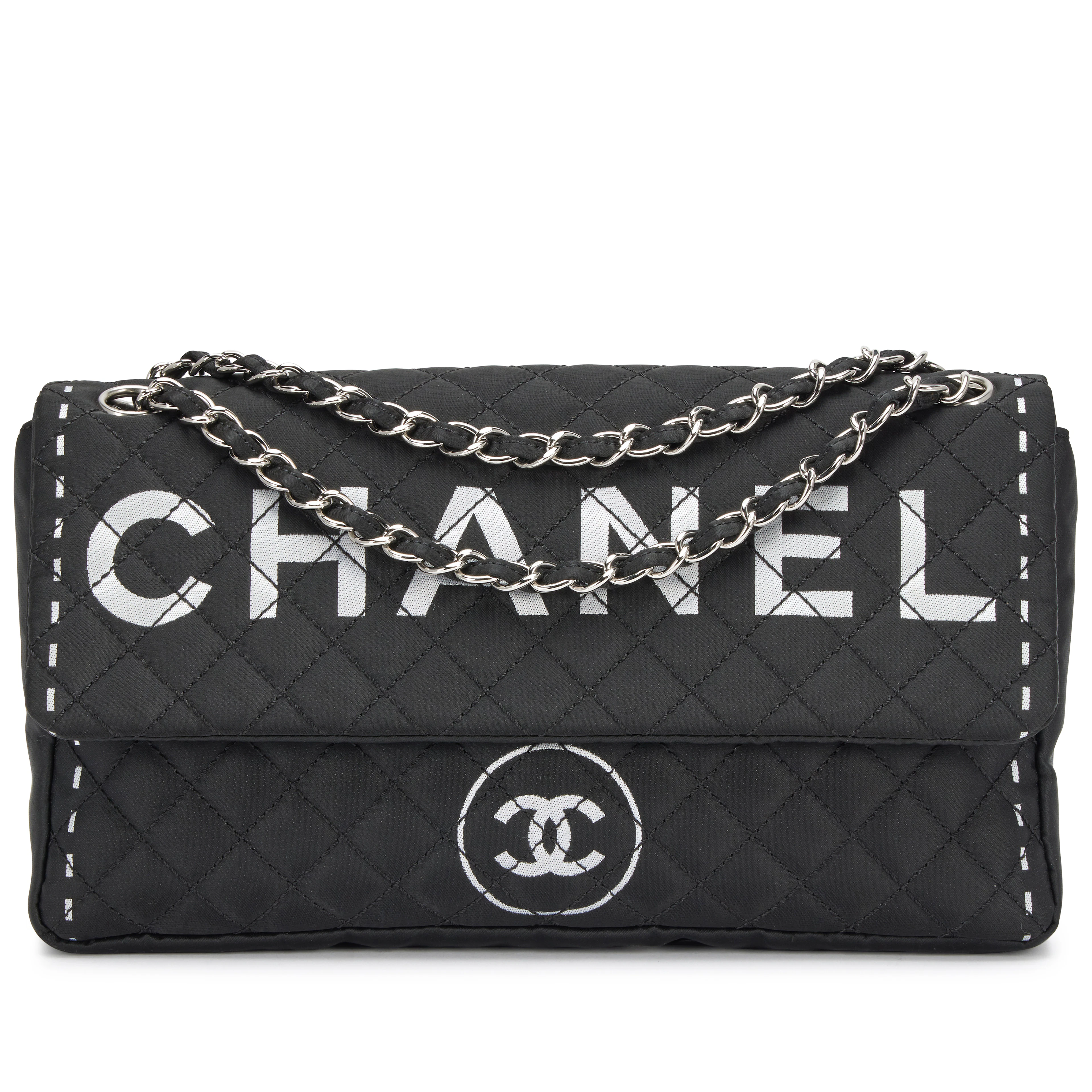 Black Quilted Nylon Letter Logo Printed Flap Bag Silver Hardware, 2008
