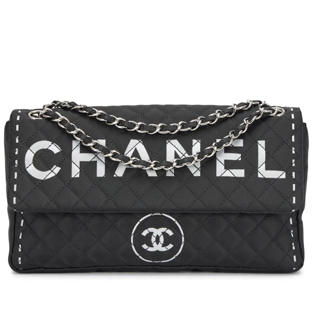 Black Quilted Nylon Letter Logo Printed Flap Bag Silver Hardware, 2008