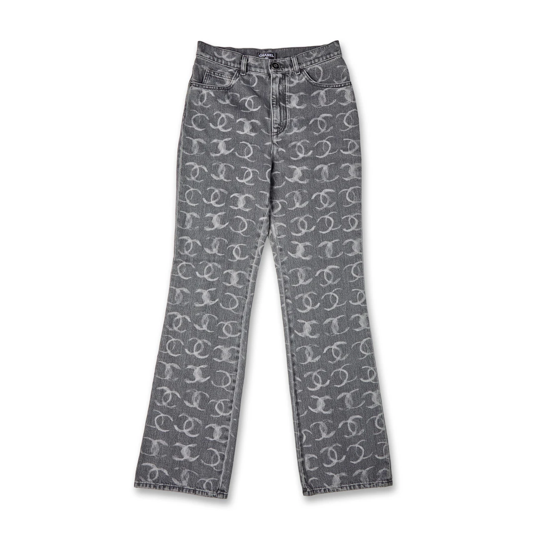 Runway Black Denim White CC Printed Logo Sequin CC Regular Straight