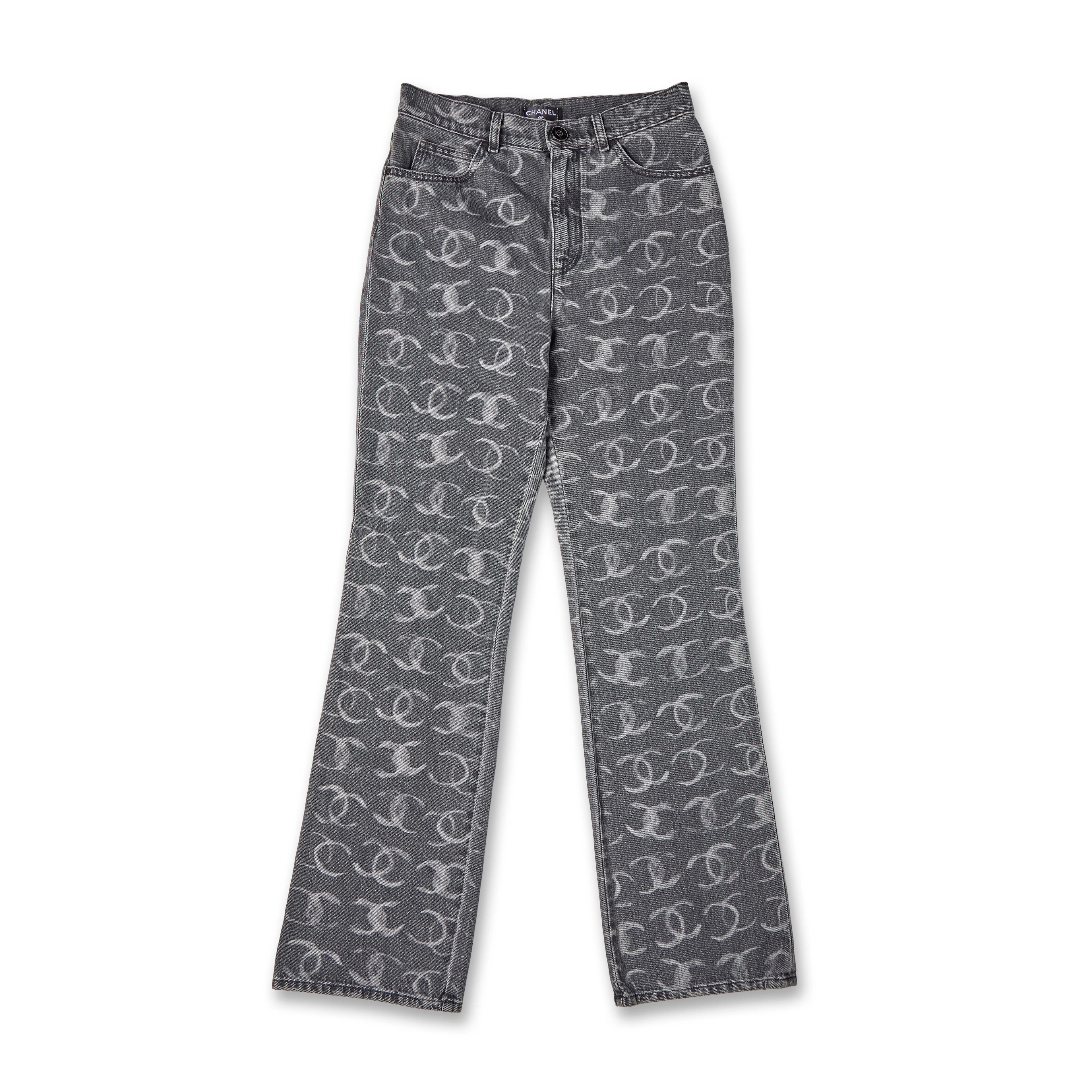 Runway Black Denim White CC Printed Logo Sequin CC Regular Straight