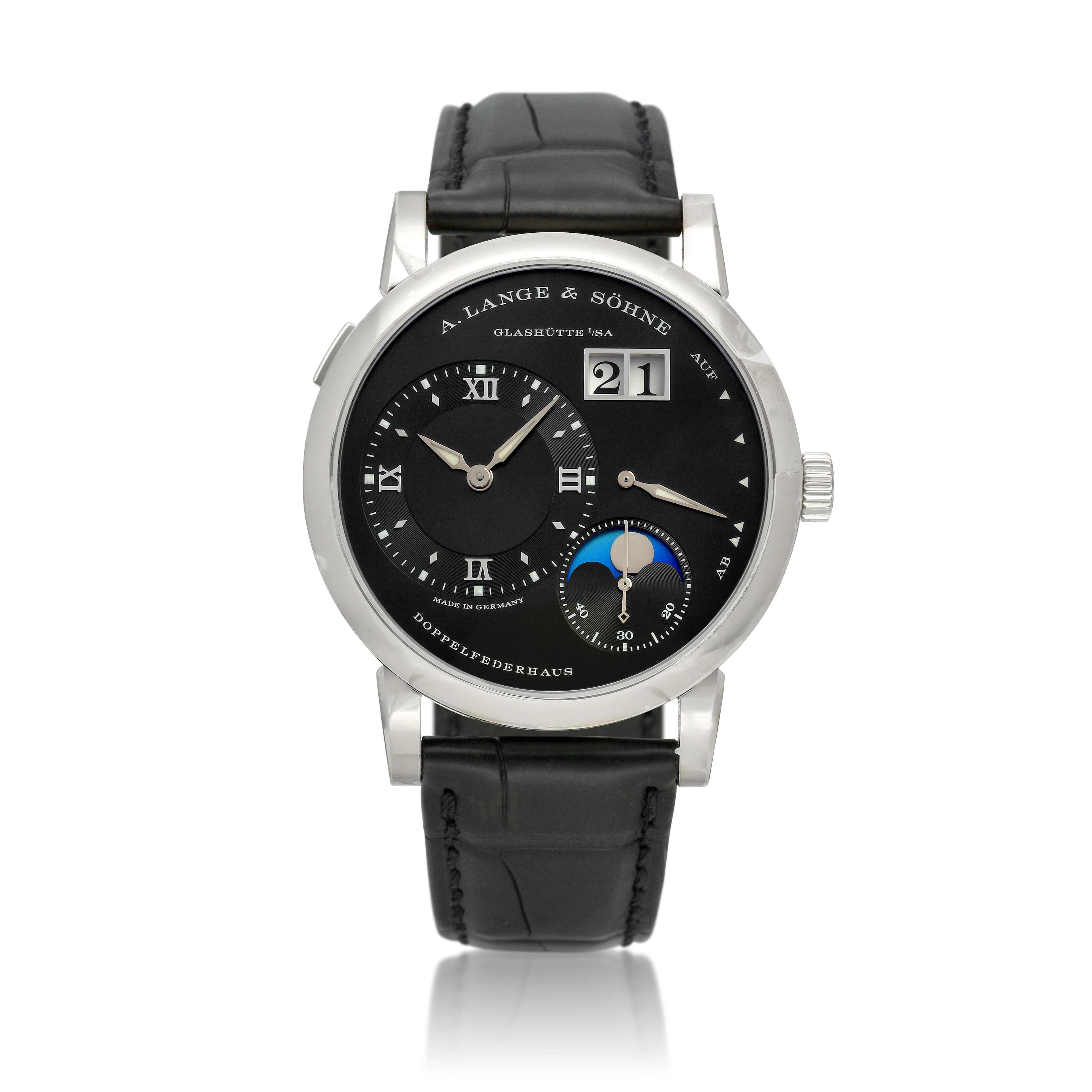 Lange 1 Moon phase (Reference 192.029). A 38.8mm white gold manual