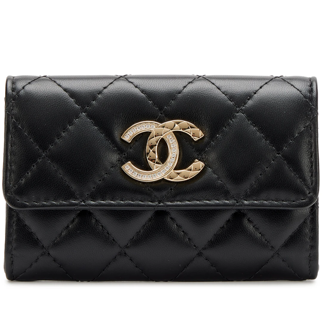 Black Quilted Lambskin Strass Crystal Quilted CC Flap Card Holder