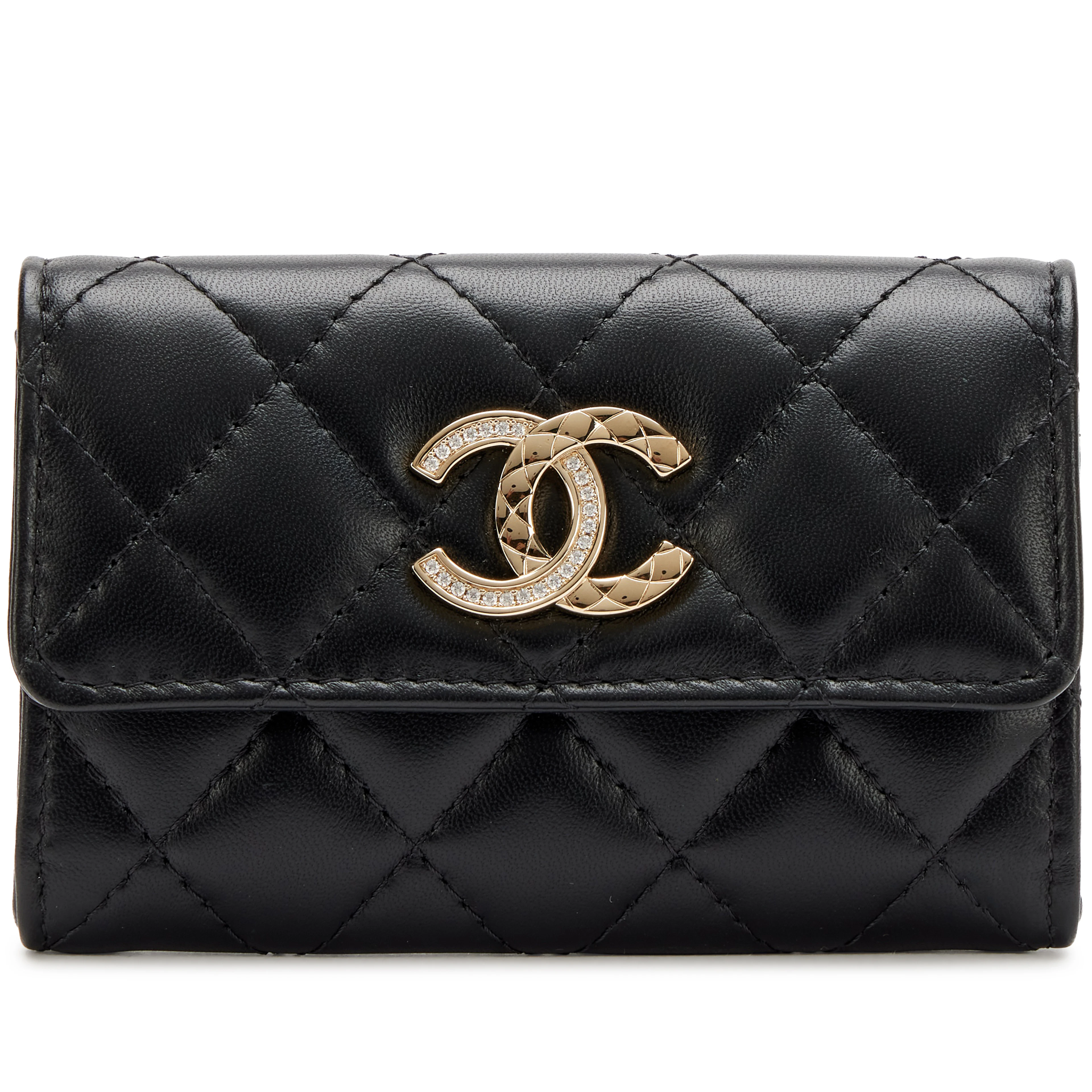 Black Quilted Lambskin Strass Crystal Quilted CC Flap Card Holder
