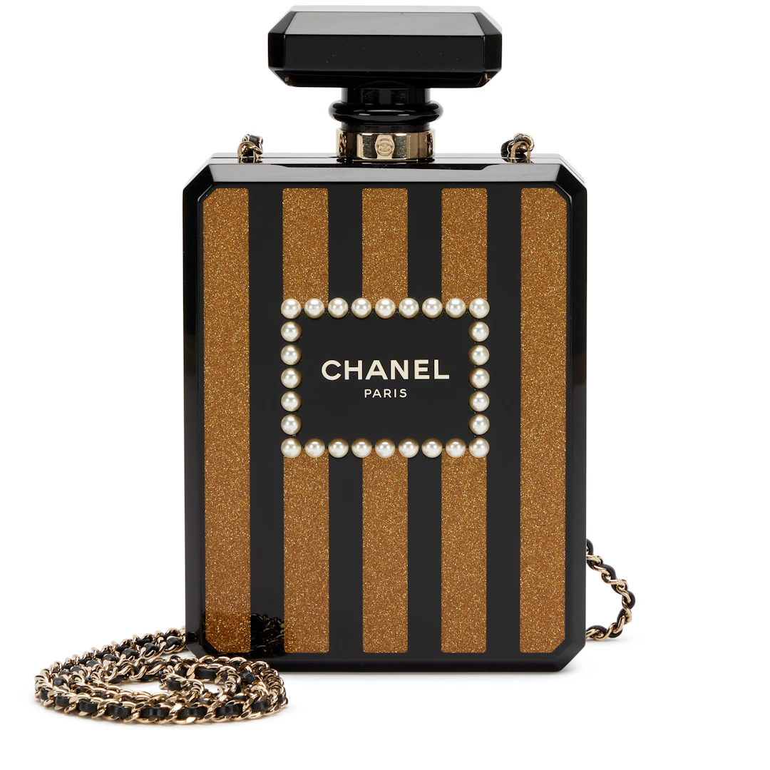Black and Gold Glitter Plexiglass Faux Pearl Embellished Perfume Bottle