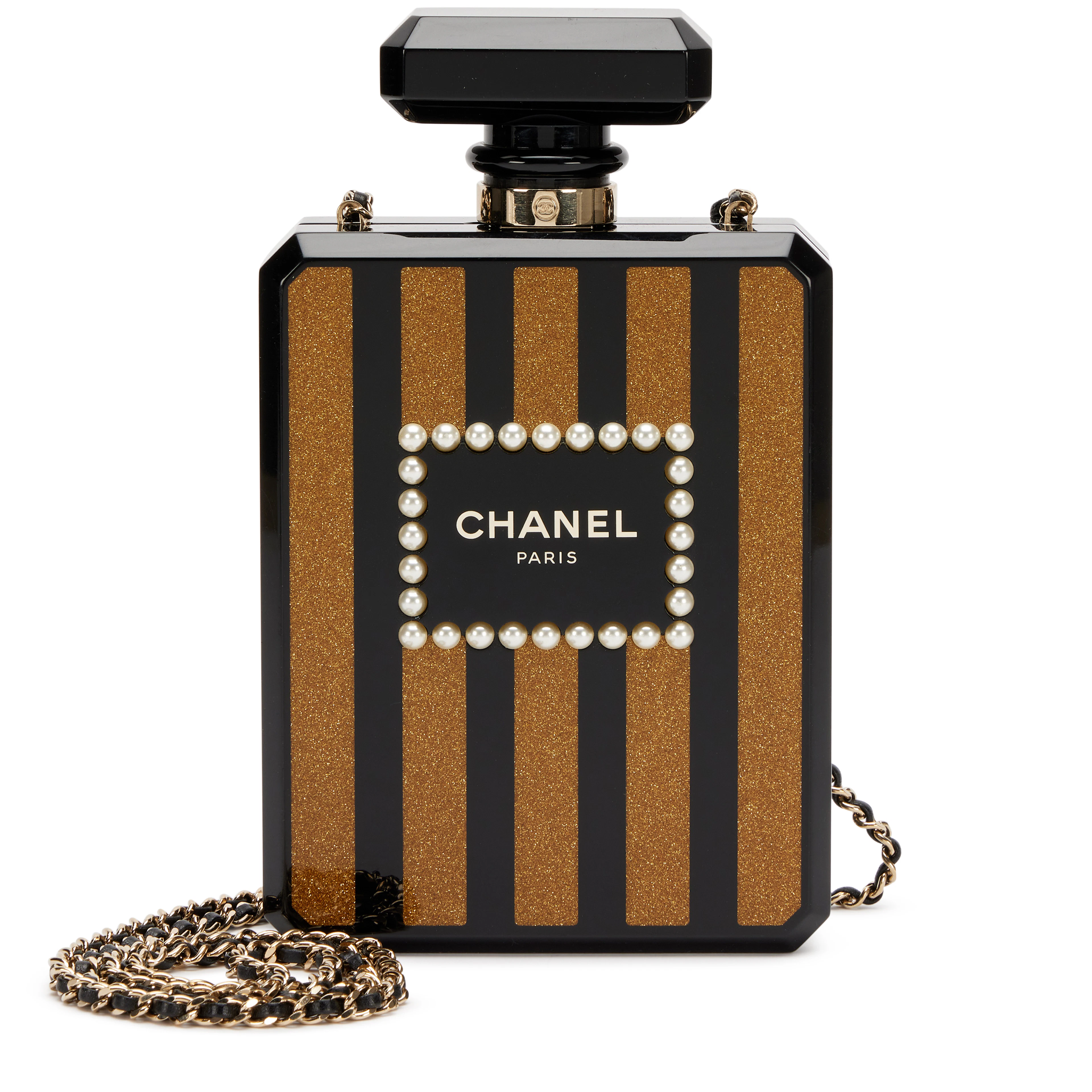 Black and Gold Glitter Plexiglass Faux Pearl Embellished Perfume Bottle