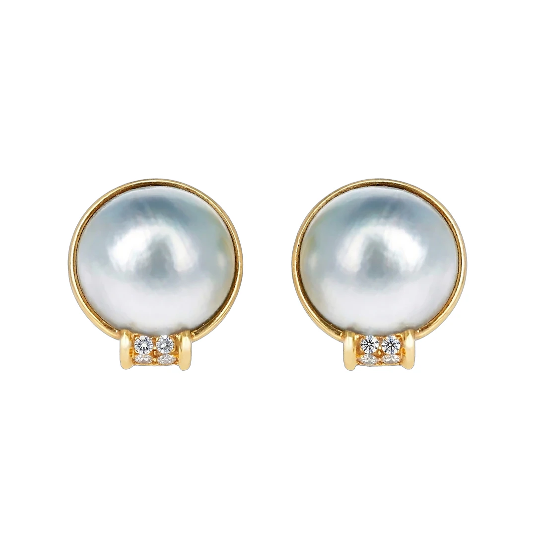 Gold, Mabé Pearl and Diamond Earclips