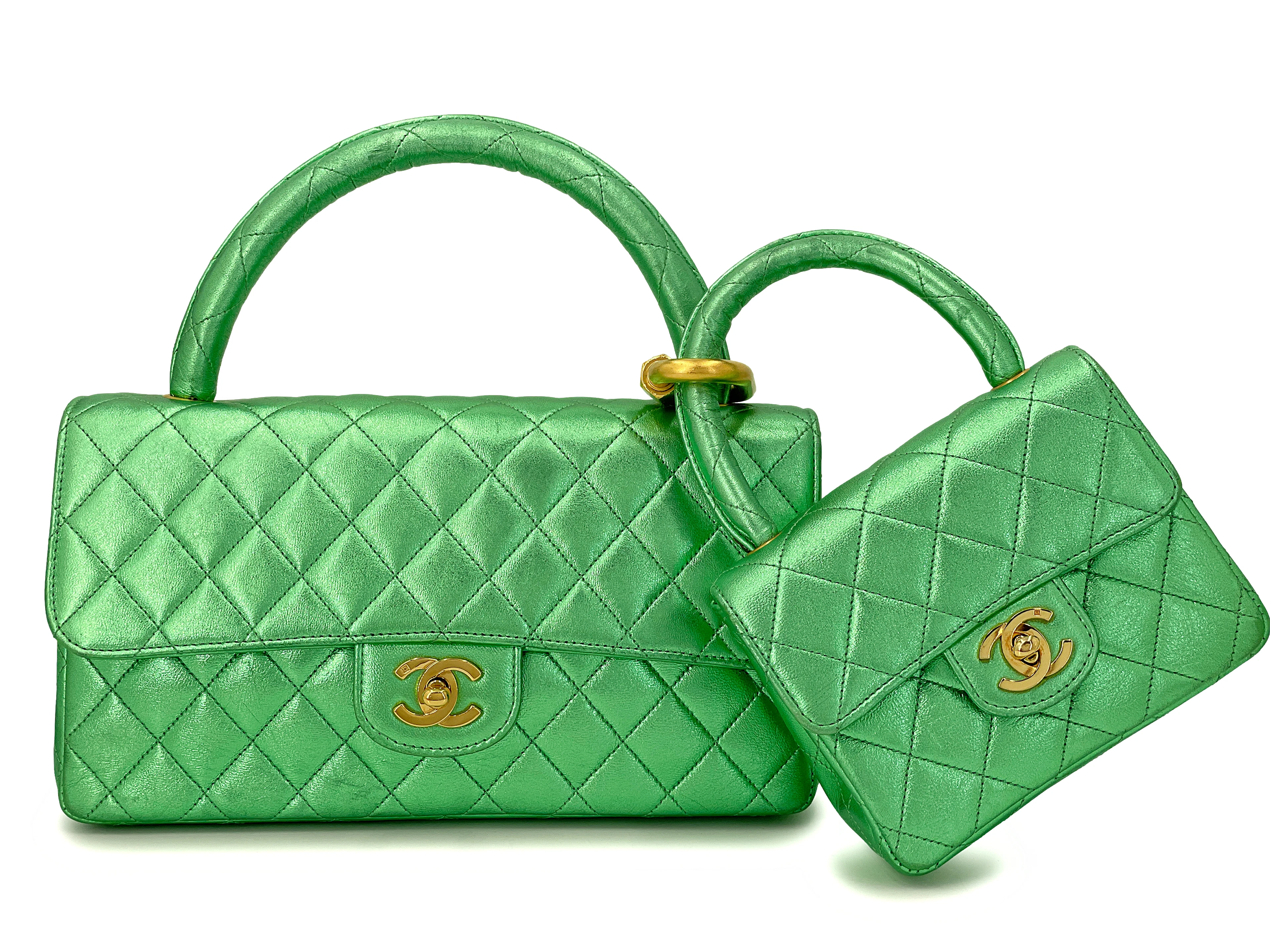 Vintage Metallic Green Quilted Lambskin Parent-Child Set Classic Flap