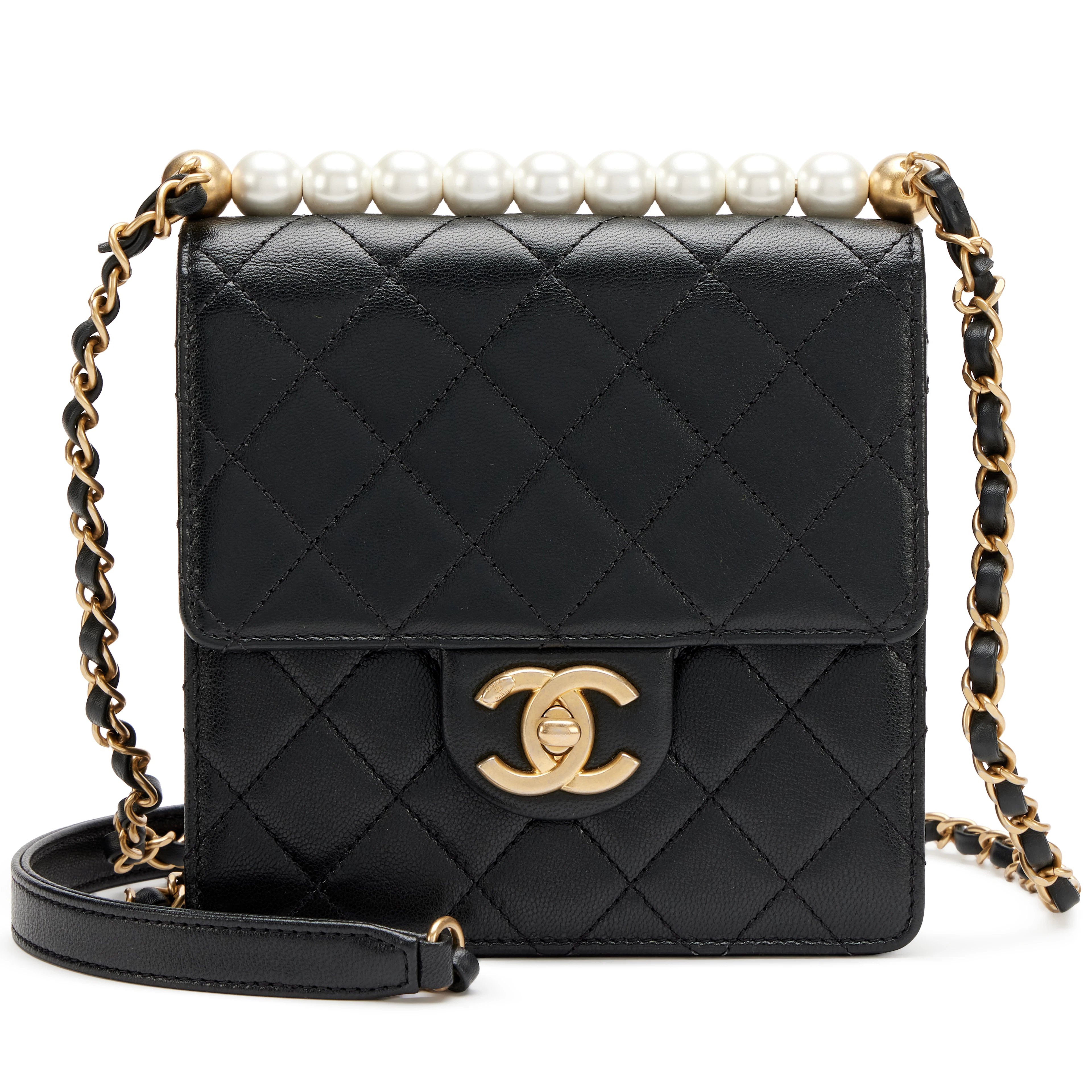 Black Quilted Goatskin Small Chic Pearls North South Flap Bag Aged