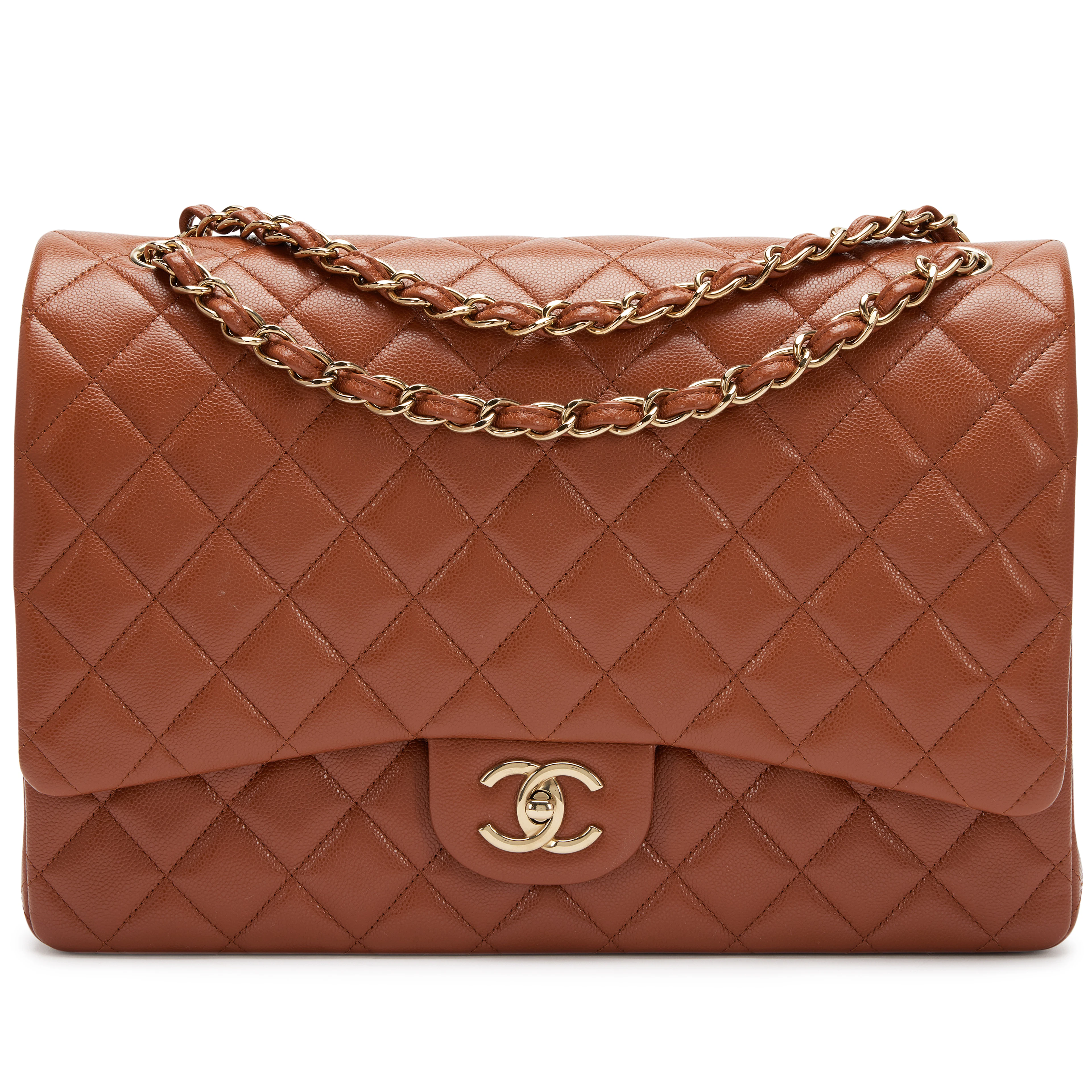 Caramel Brown Quilted Caviar Maxi Classic Double Flap Bag Gold Hardware, 2023
