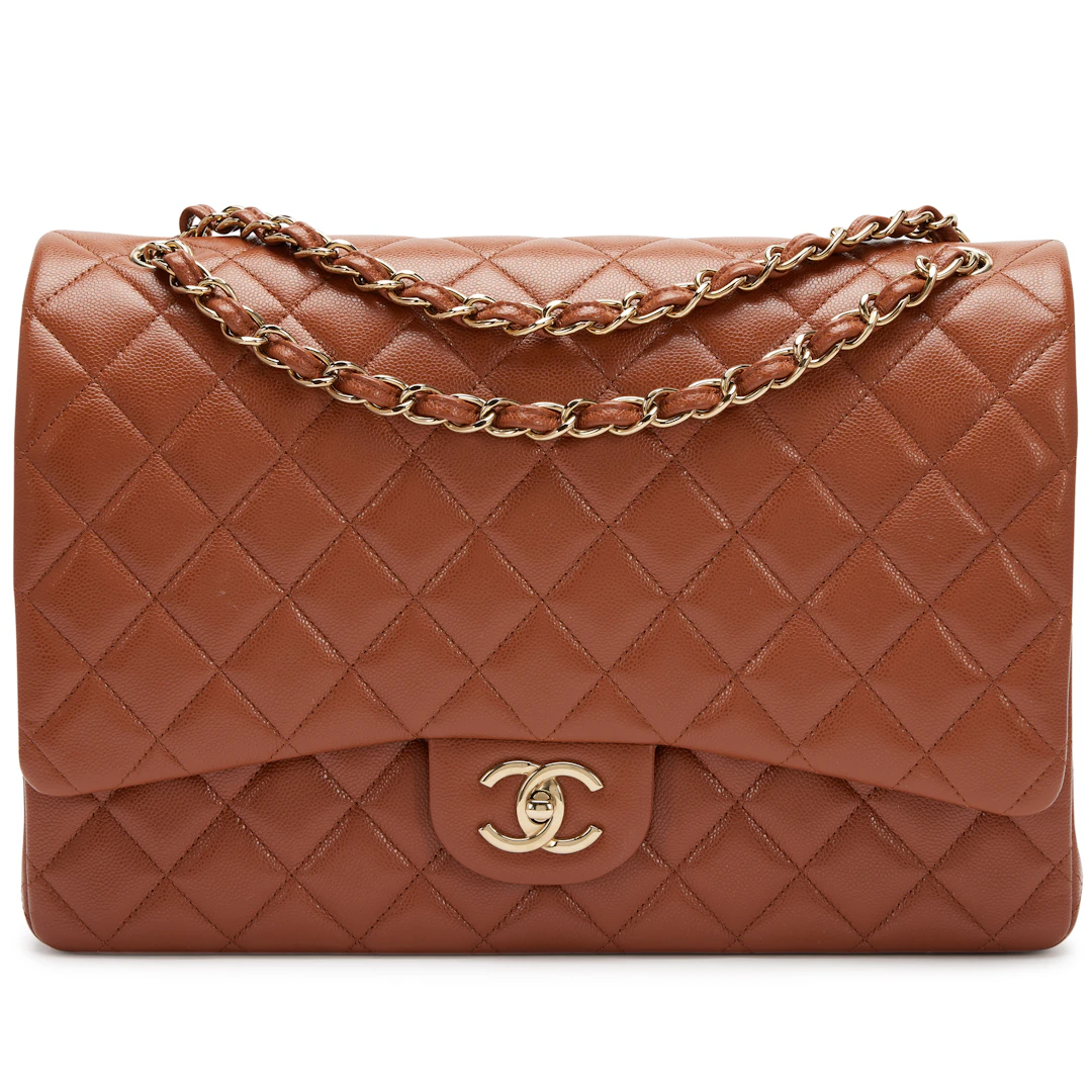 Caramel Brown Quilted Caviar Maxi Classic Double Flap Bag Gold Hardware, 2023