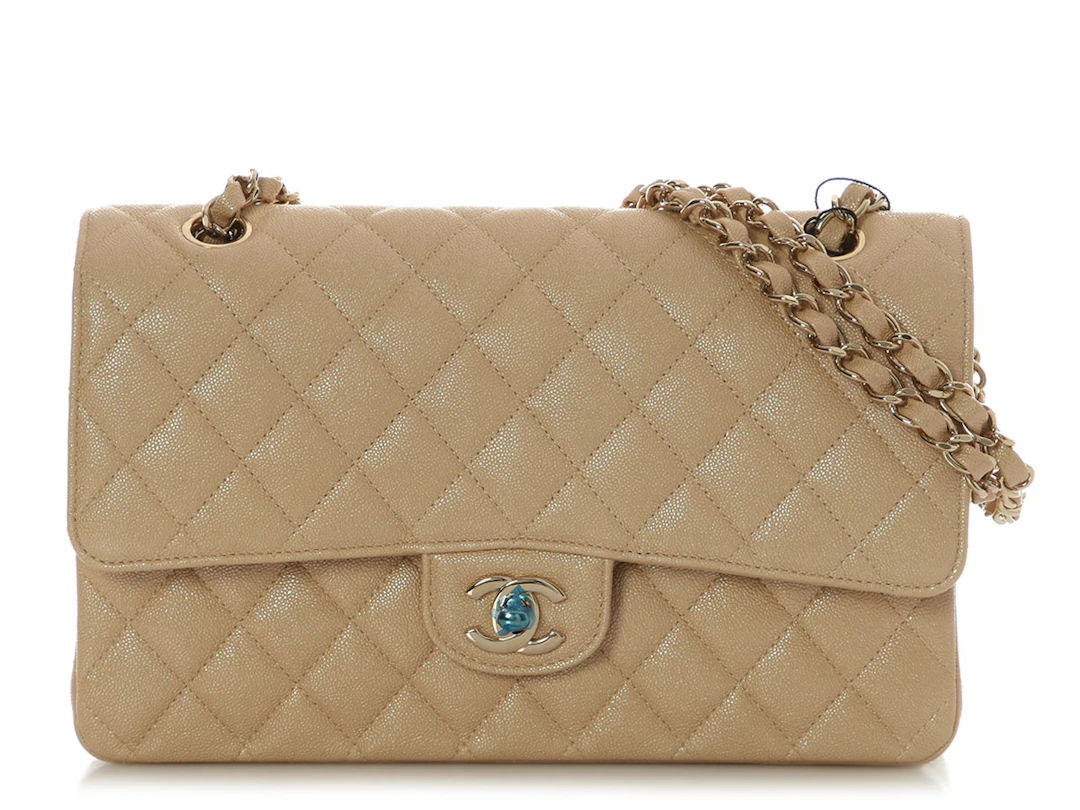 Iridescent Beige Quilted Caviar Medium Classic Double Flap Bag Gold