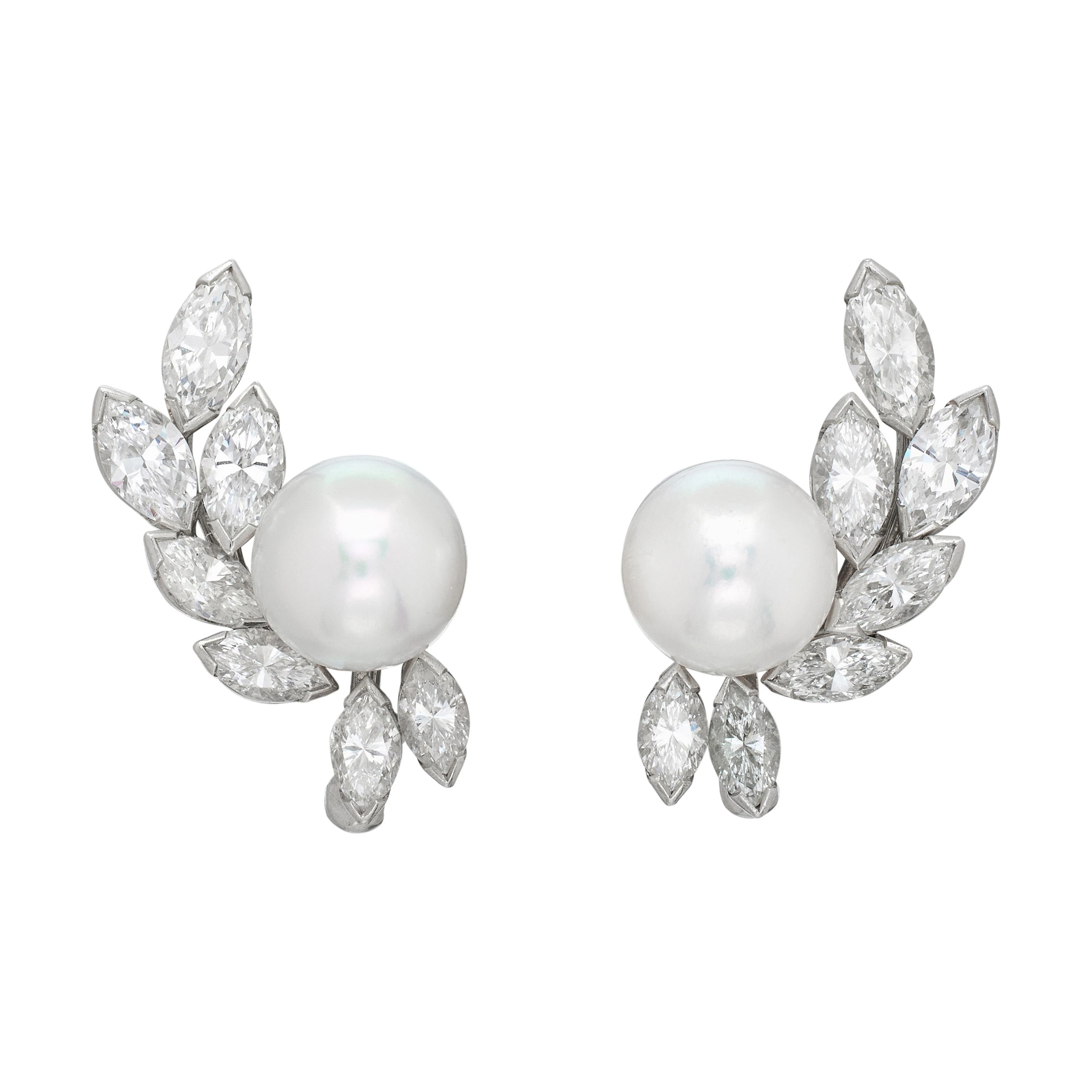 Vintage Platinum, Cultured Pearl and Diamond Cluster Earclips