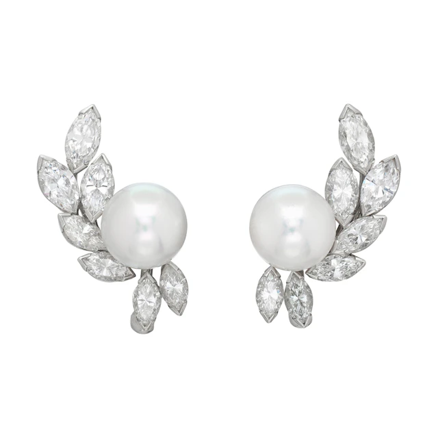 Vintage Platinum, Cultured Pearl and Diamond Cluster Earclips