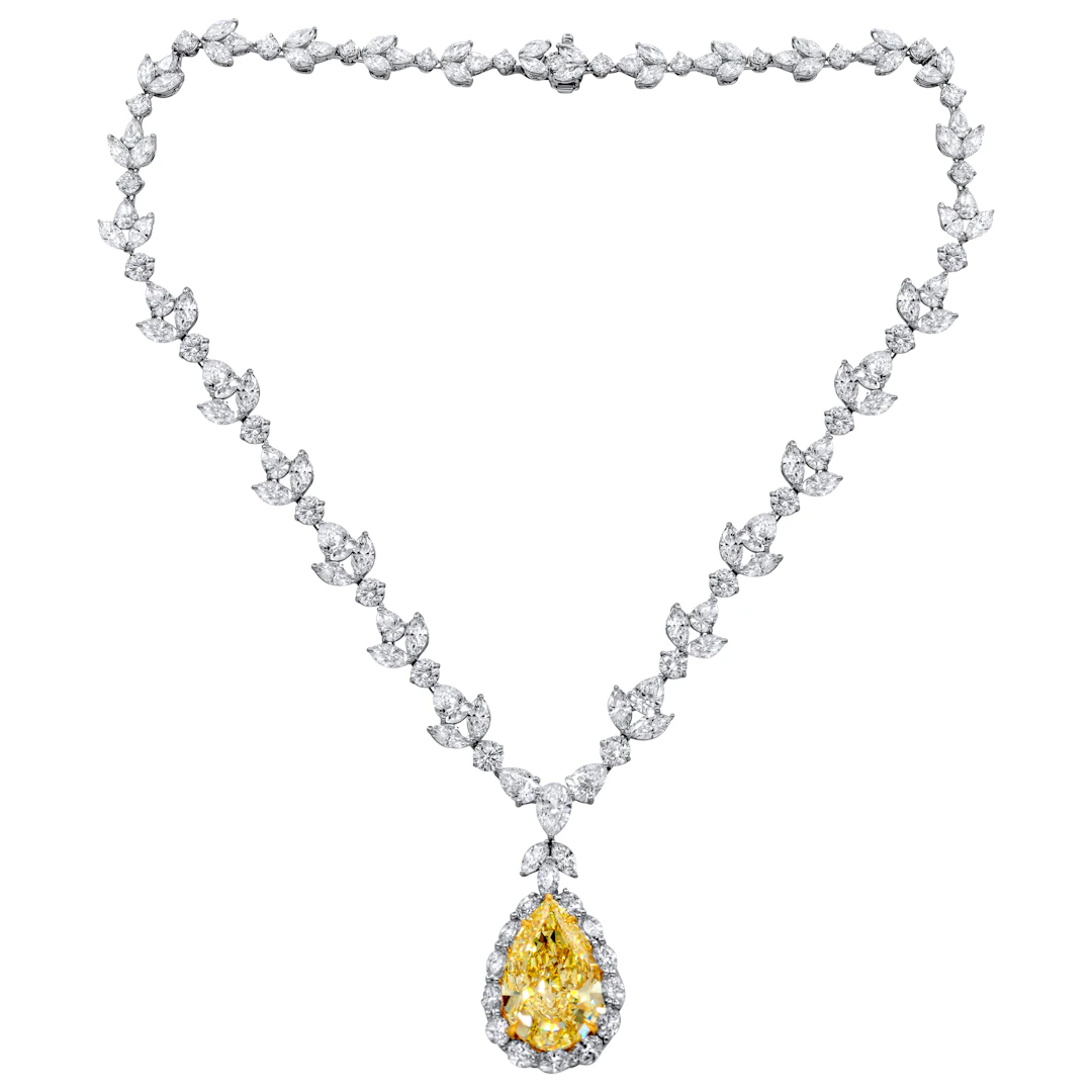 Platinum, 35.31ct Pear Shape Fancy Intense Yellow Diamond and Diamond