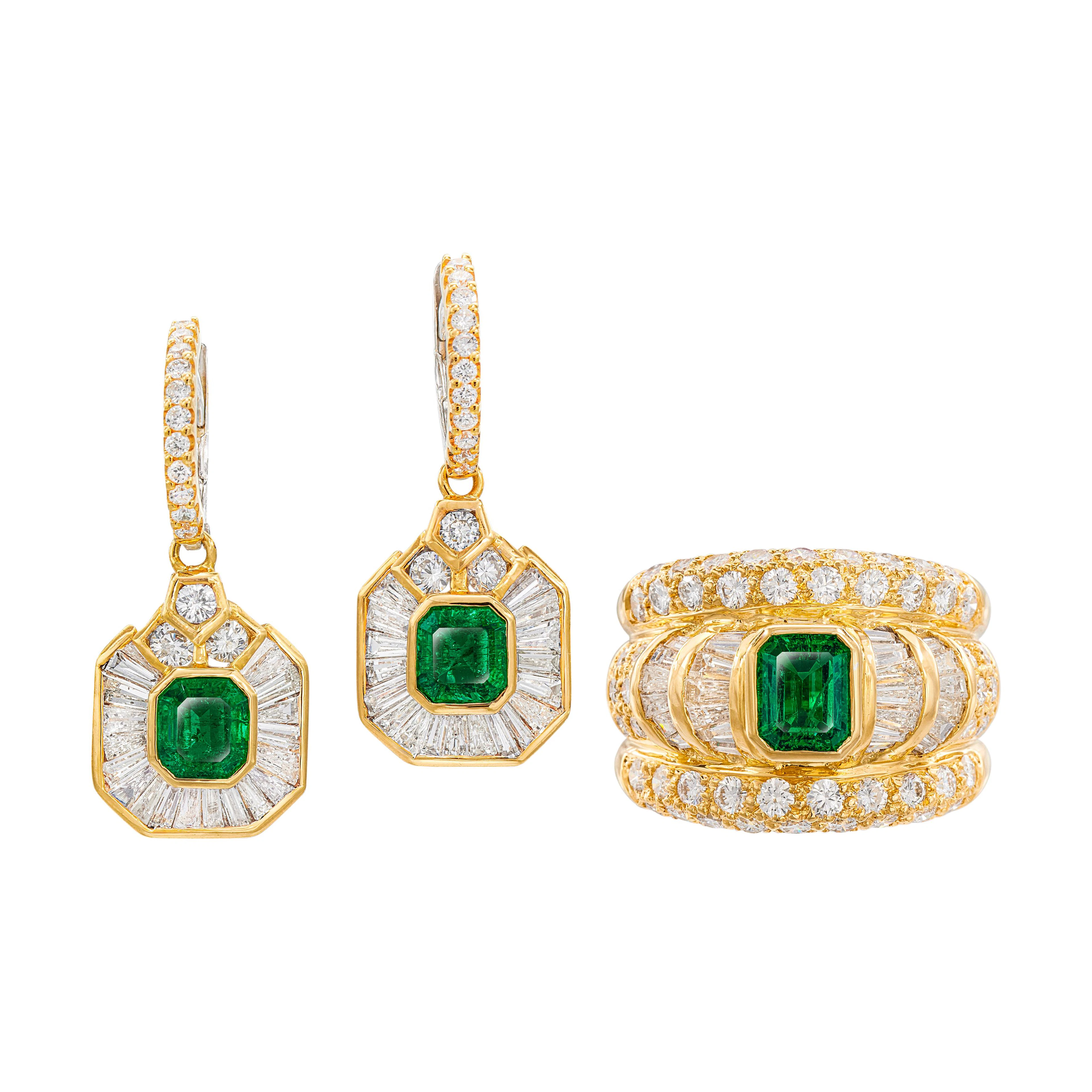 Gold, Colombian Emerald and Diamond Ring and Earring Set
