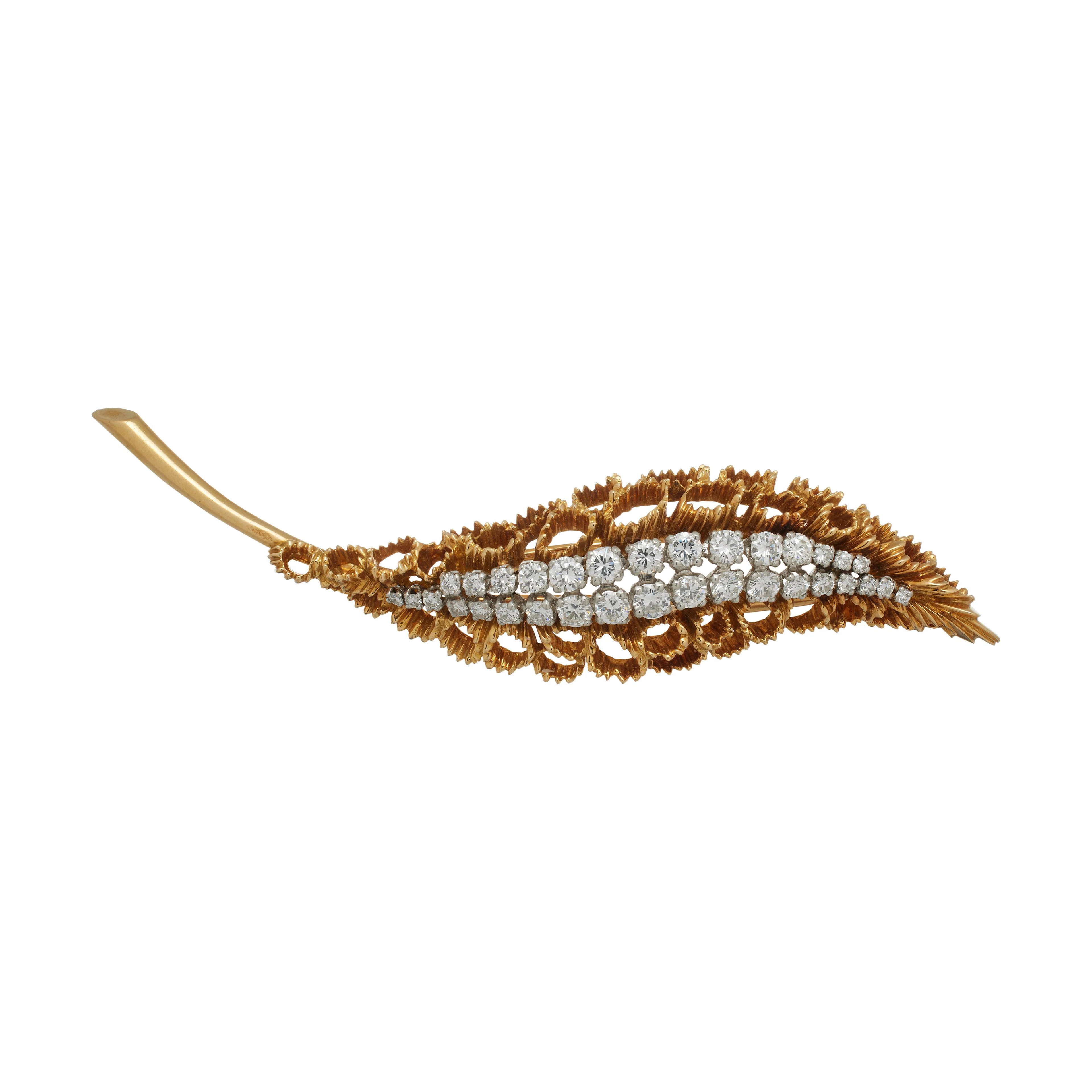 Vintage Gold, Platinum and Diamond Leaf Brooch