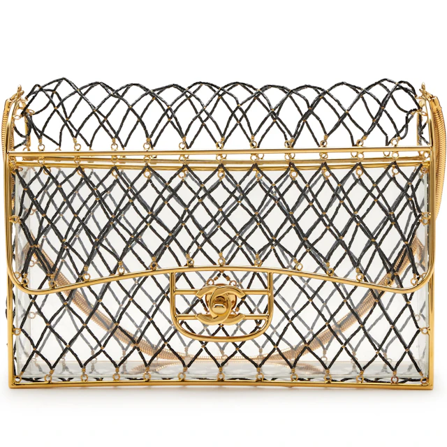Black Beaded Lucite Medium Cage Flap Gold Hardware, 1990s