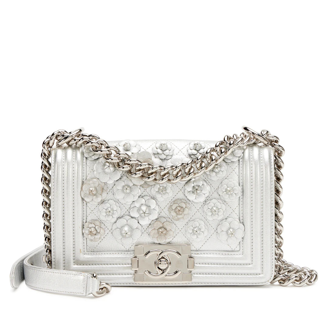 Silver Quilted Calfskin Camellia Applique Small Boy Bag Silver Hardware, 2019