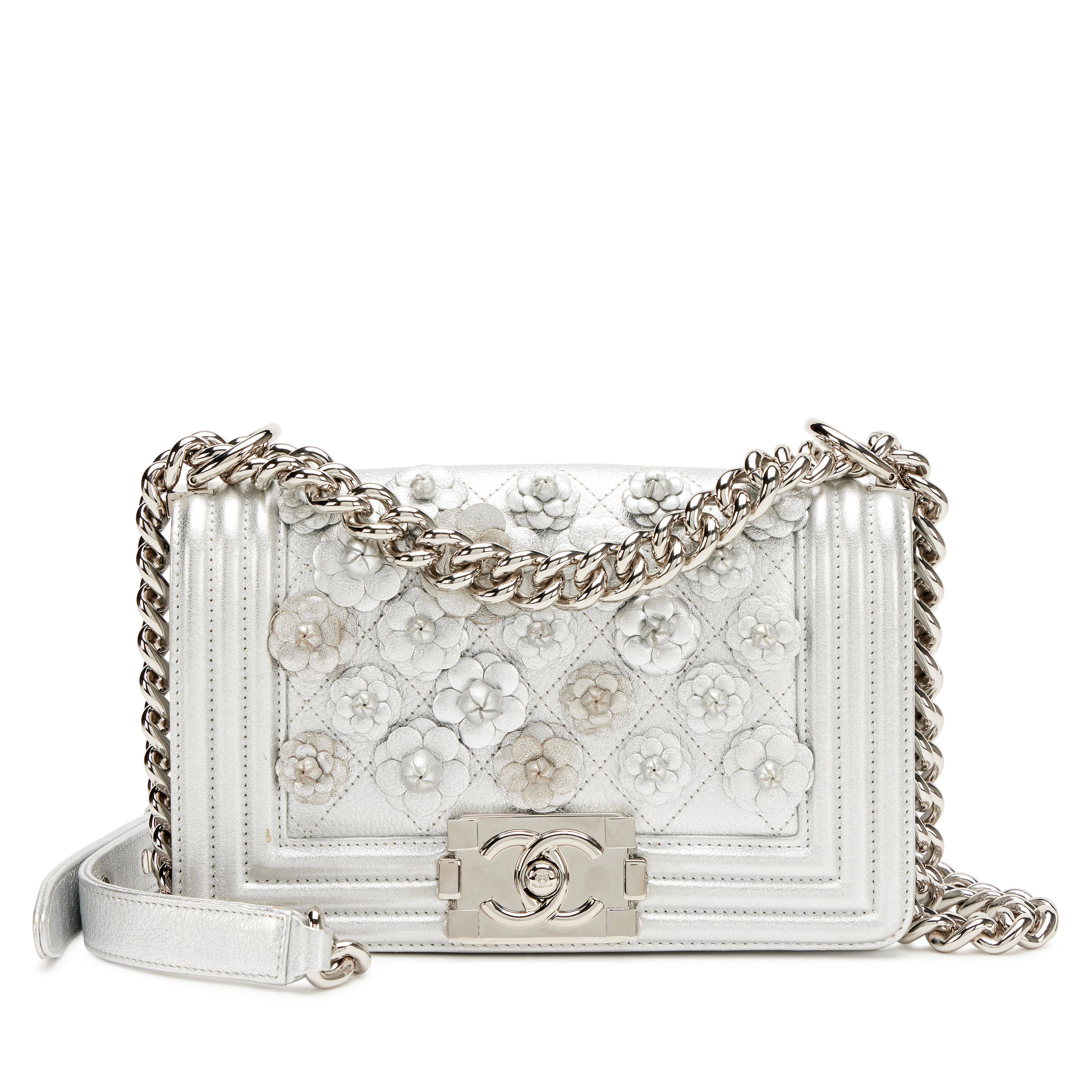 Silver Quilted Calfskin Camellia Applique Small Boy Bag Silver Hardware, 2019