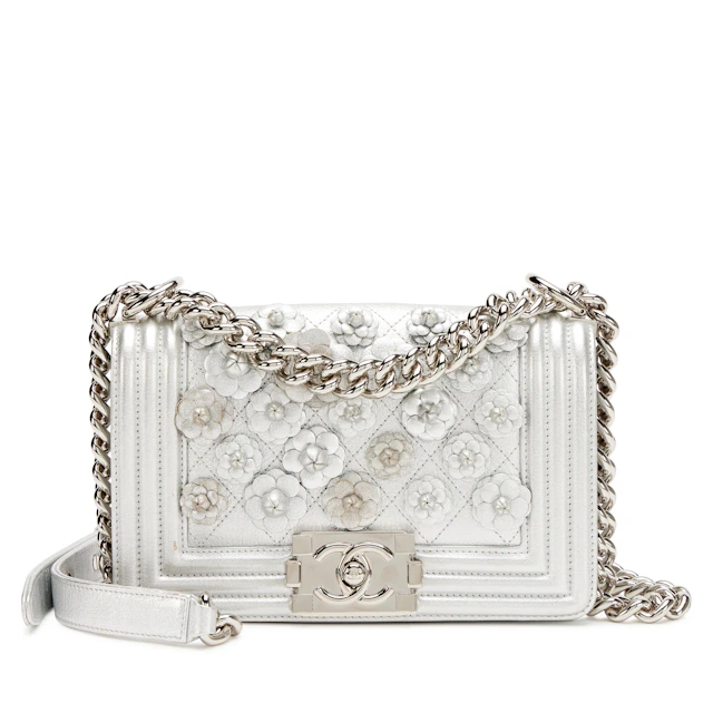 Silver Quilted Calfskin Camellia Applique Small Boy Bag Silver Hardware, 2019