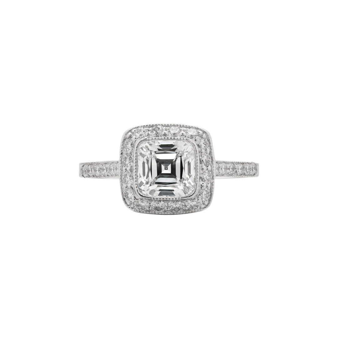 Platinum, 1.01ct Cushion Cut Diamond and Diamond Engagement Ring