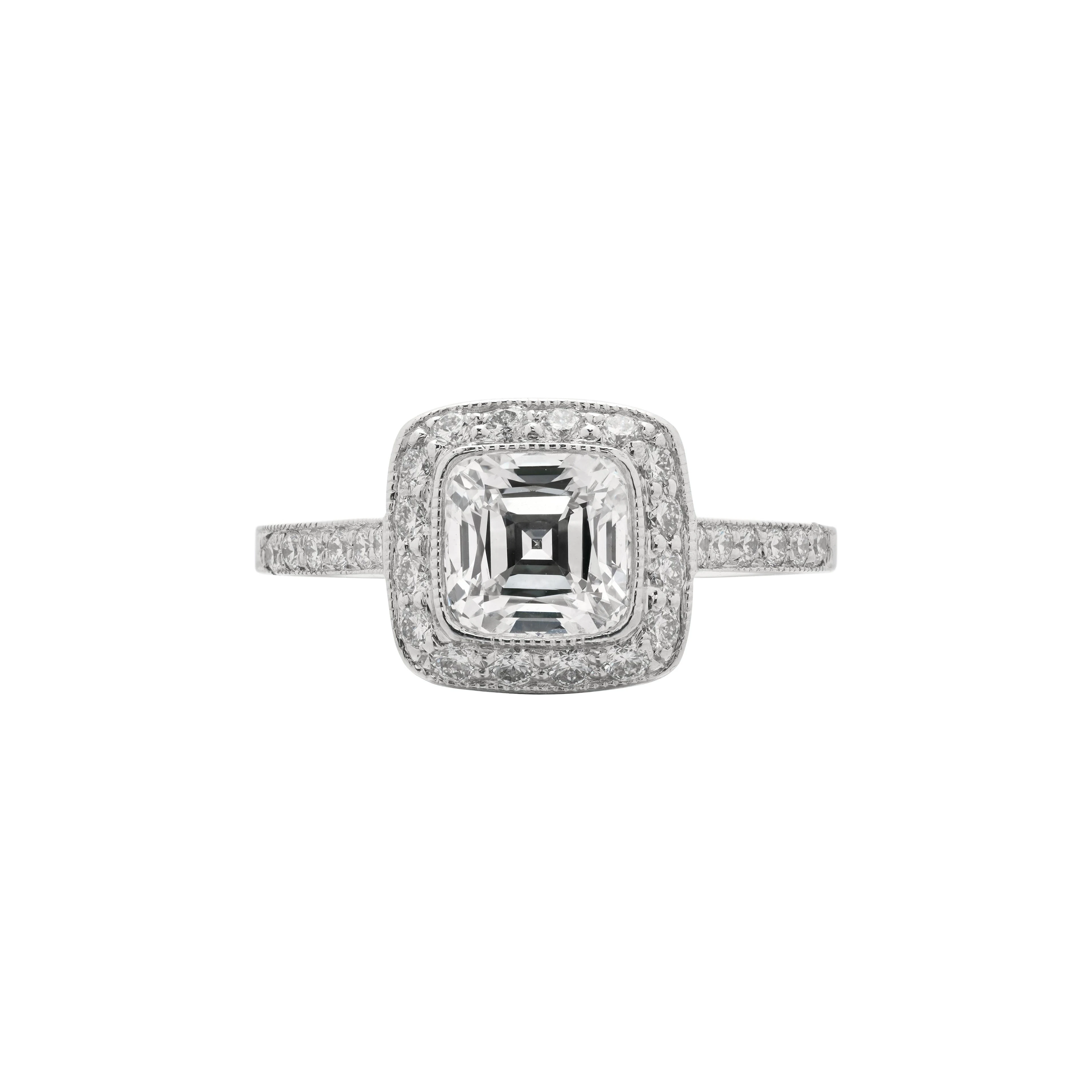 Platinum, 1.01ct Cushion Cut Diamond and Diamond Engagement Ring