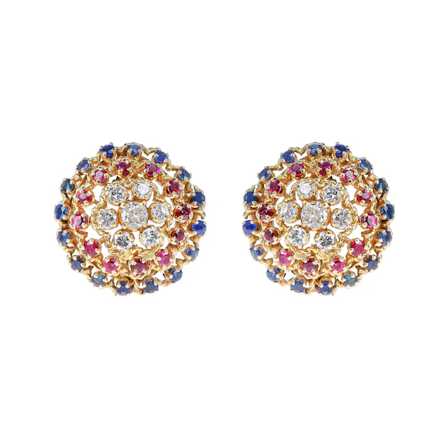 Vintage Gold, Ruby, Sapphire and Diamond Earclips