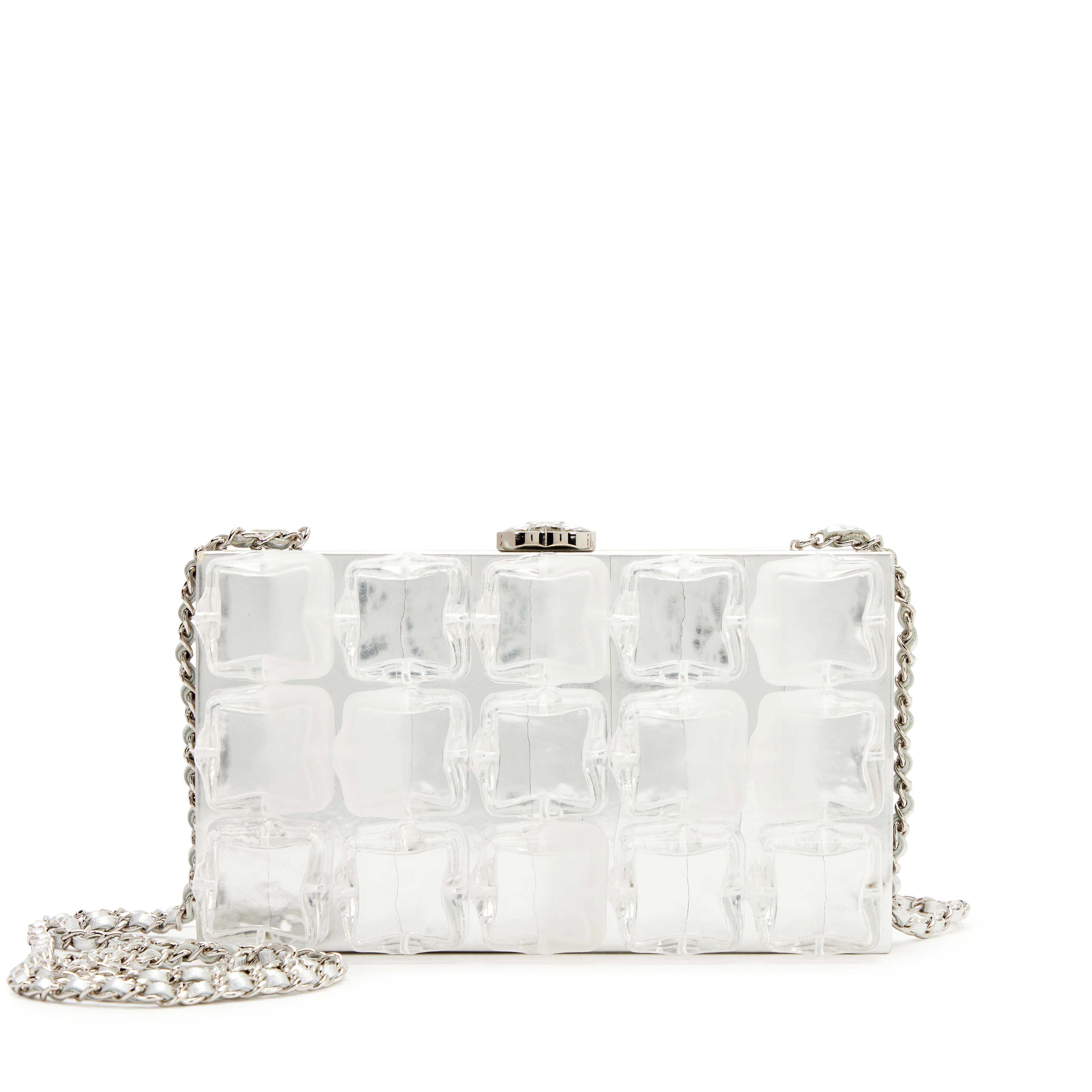 Metallic Silver Lambskin and Clear Acrylic Ice Cube Minaudière Silver