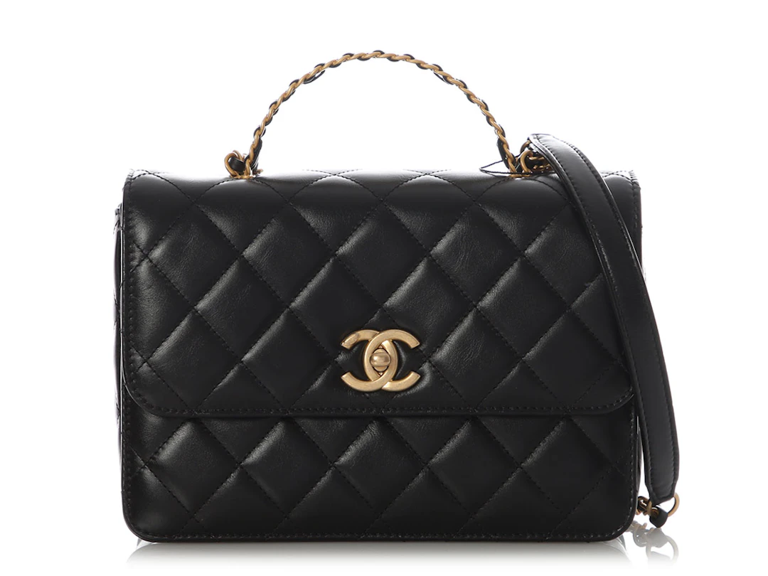 Black Quilted Lambskin Small Top Handle Flap Bag Aged Gold Hardware, 2023