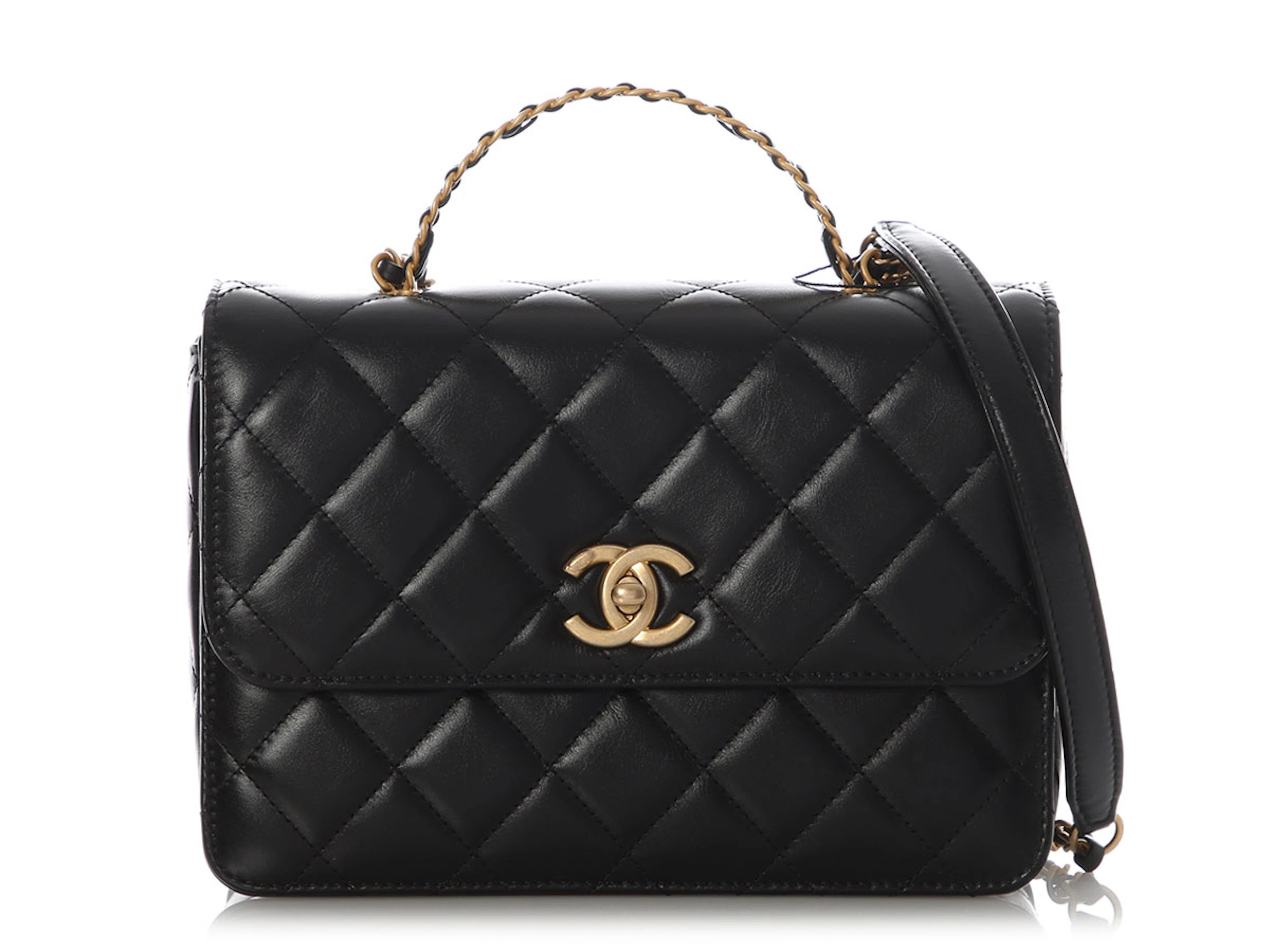 Black Quilted Lambskin Small Top Handle Flap Bag Aged Gold Hardware, 2023