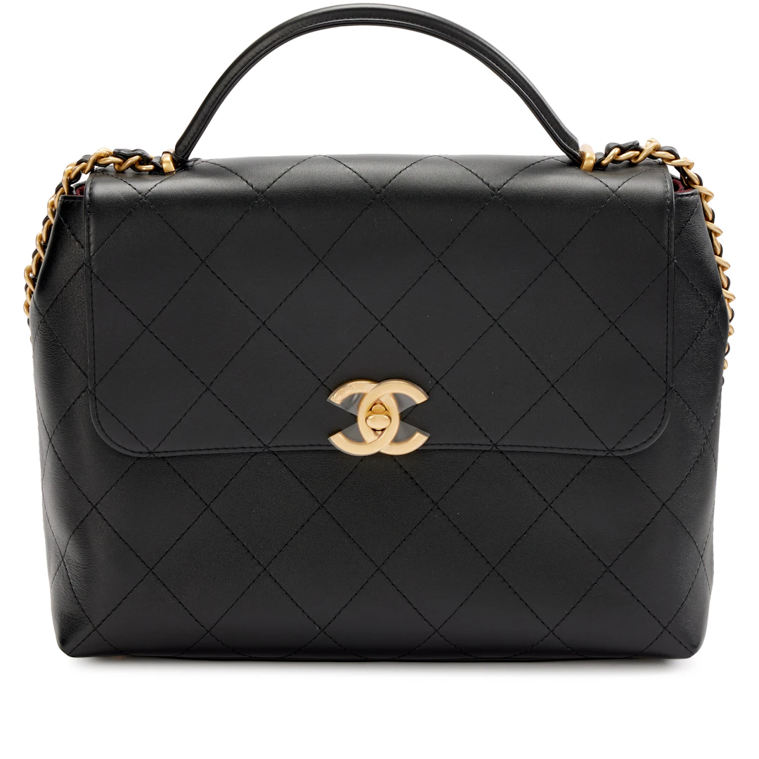 Black Quilted Lambskin Large Jumbo Flap Bag with Top Handle Aged Gold