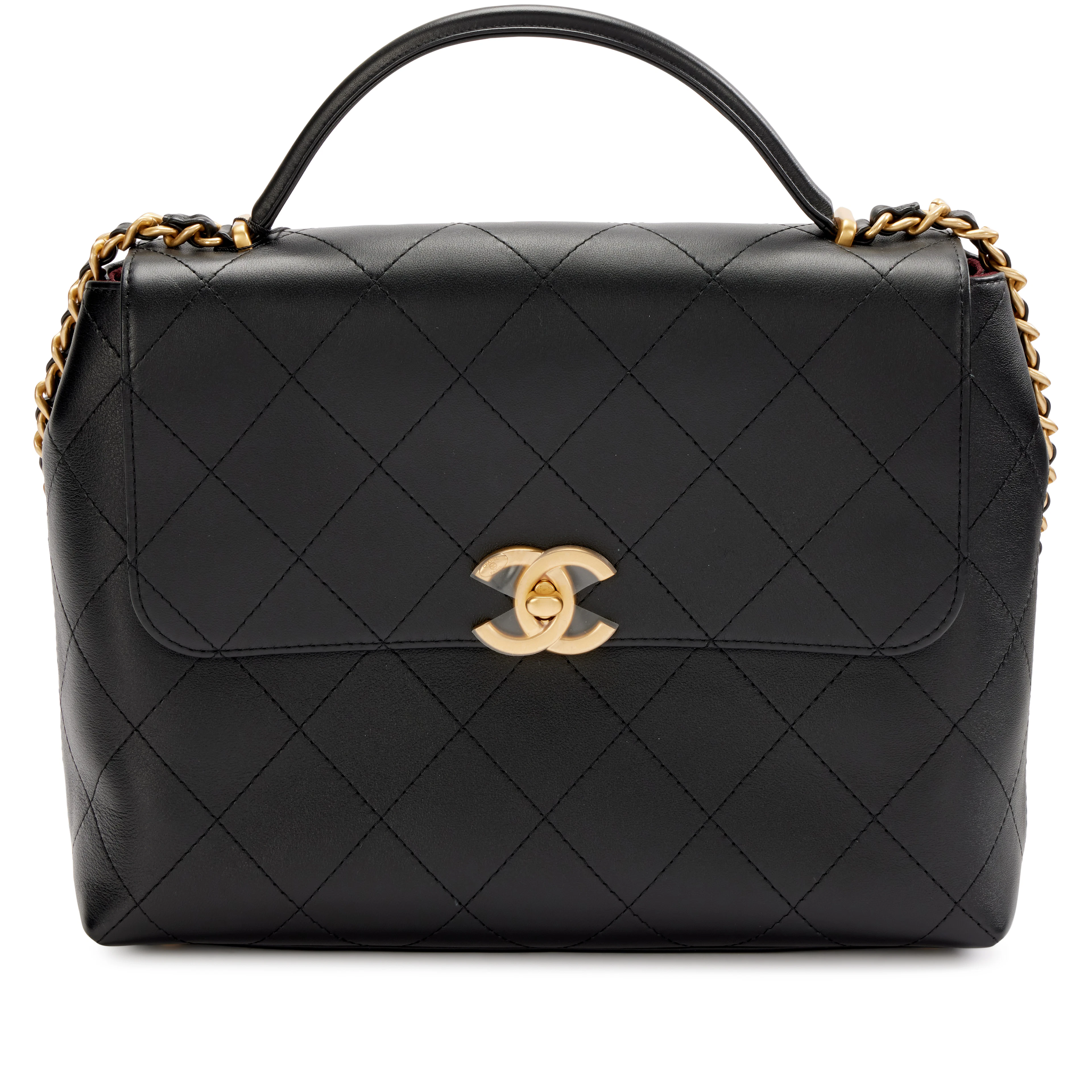Black Quilted Lambskin Large Jumbo Flap Bag with Top Handle Aged Gold