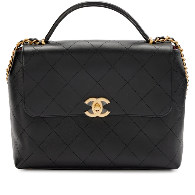 Black Quilted Lambskin Large Jumbo Flap Bag with Top Handle Aged Gold
